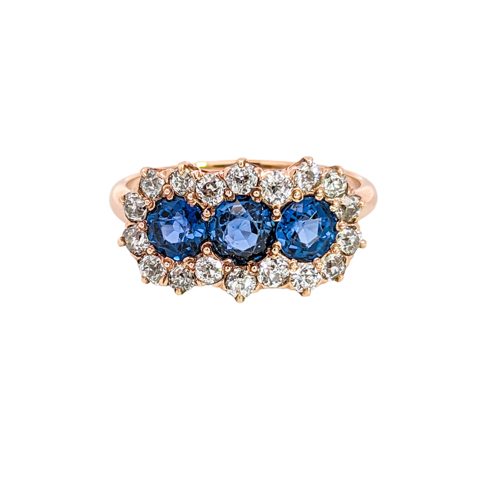 Edwardian 18K Yellow Gold & Platinum Yogo Gulch Montana Sapphire Three Stone Ring