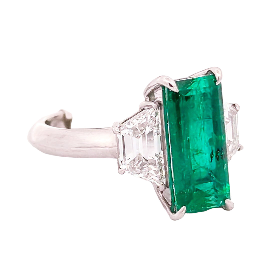 M & Co. Platinum Colombian Emerald & Trapezoid Cut Diamond Ring