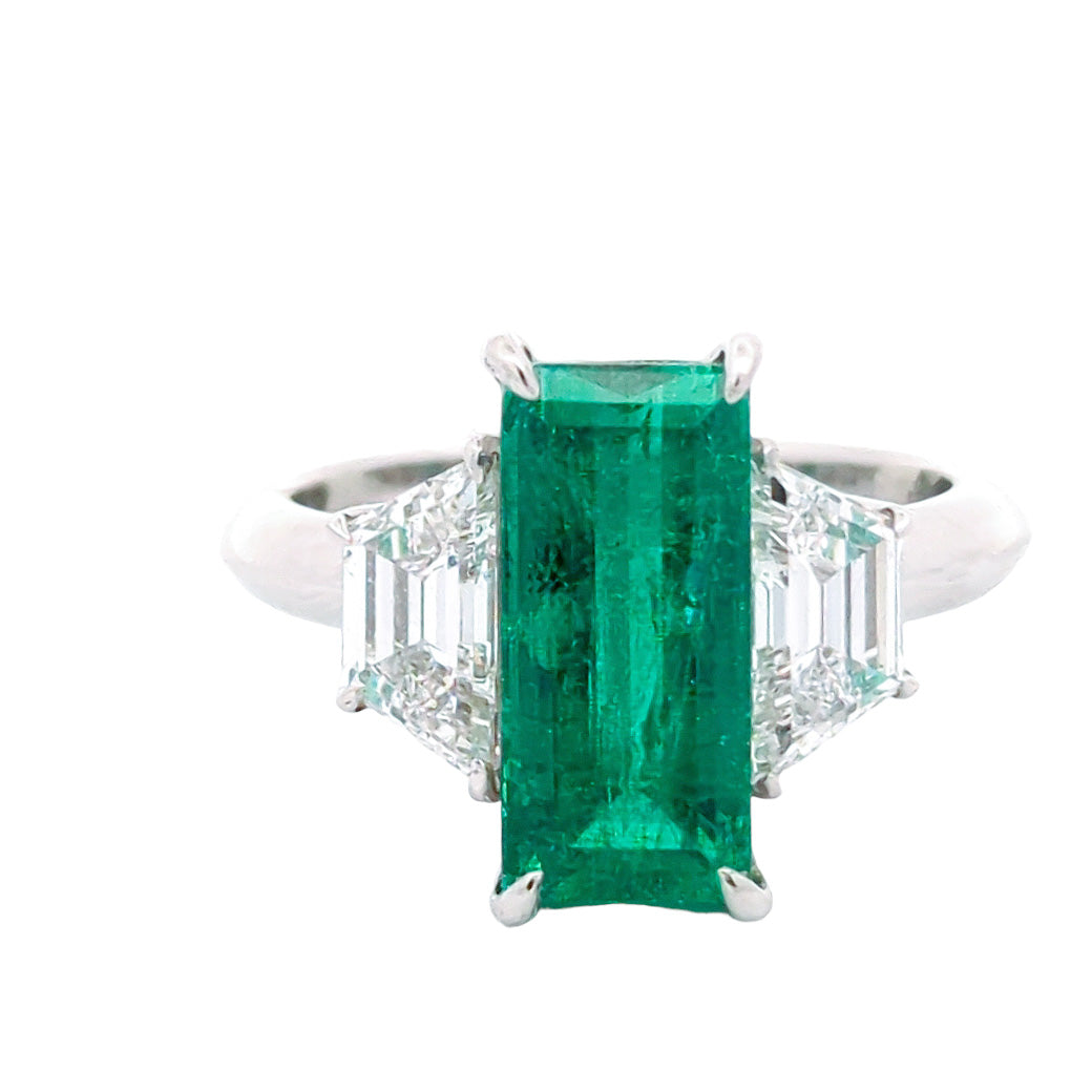 M & Co. Platinum Colombian Emerald & Trapezoid Cut Diamond Ring