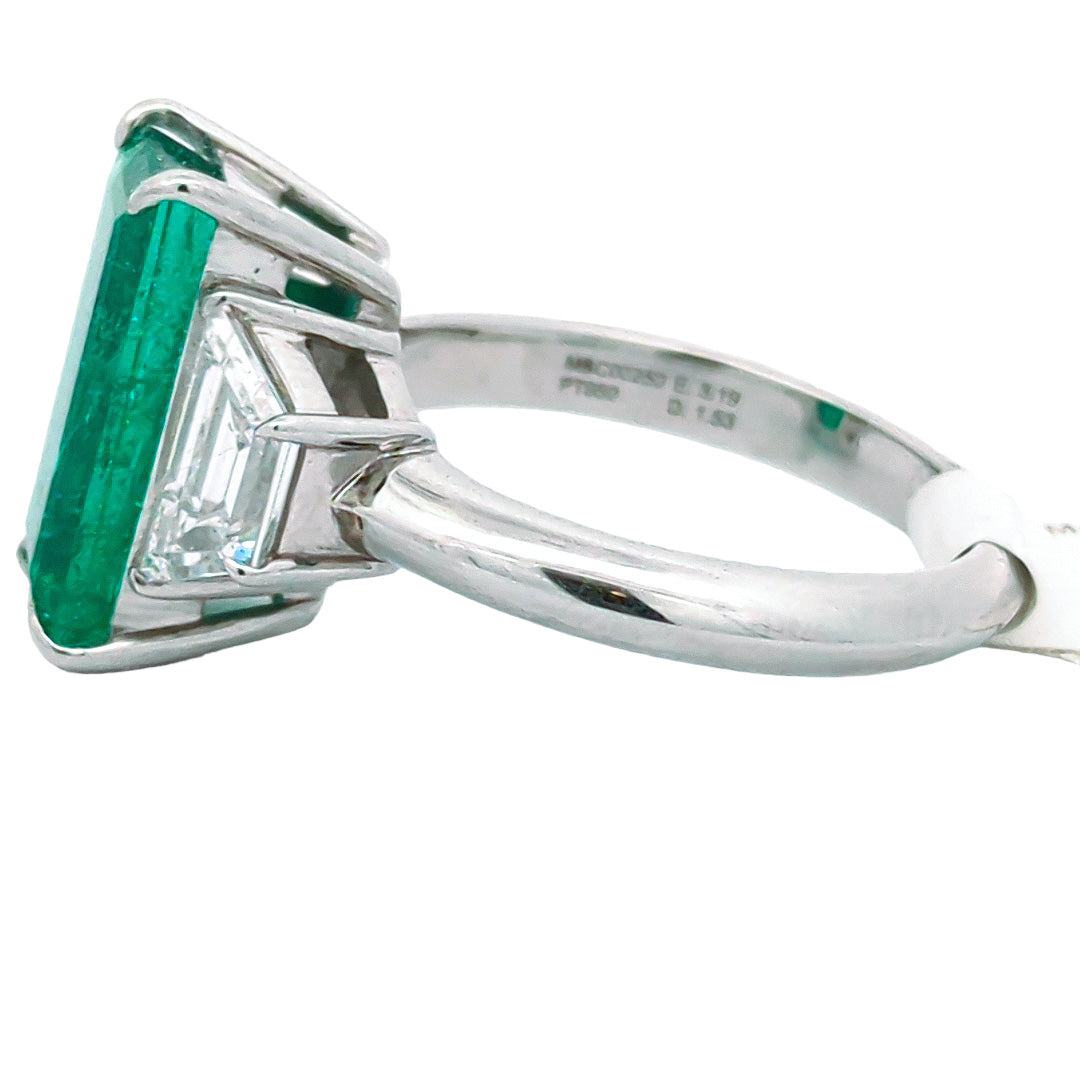 M & Co. Platinum Colombian Emerald & Trapezoid Cut Diamond Ring