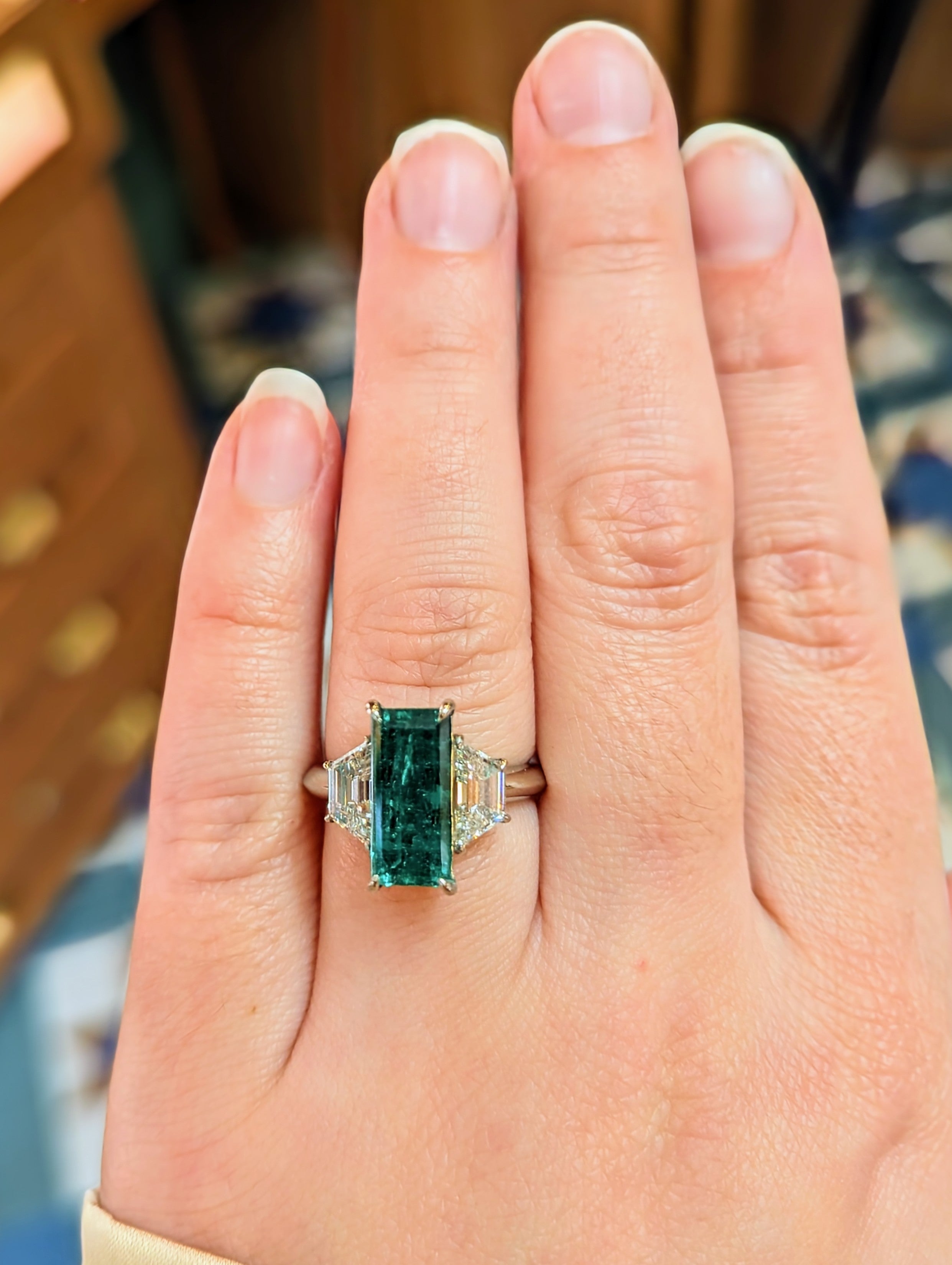M & Co. Platinum Colombian Emerald & Trapezoid Cut Diamond Ring