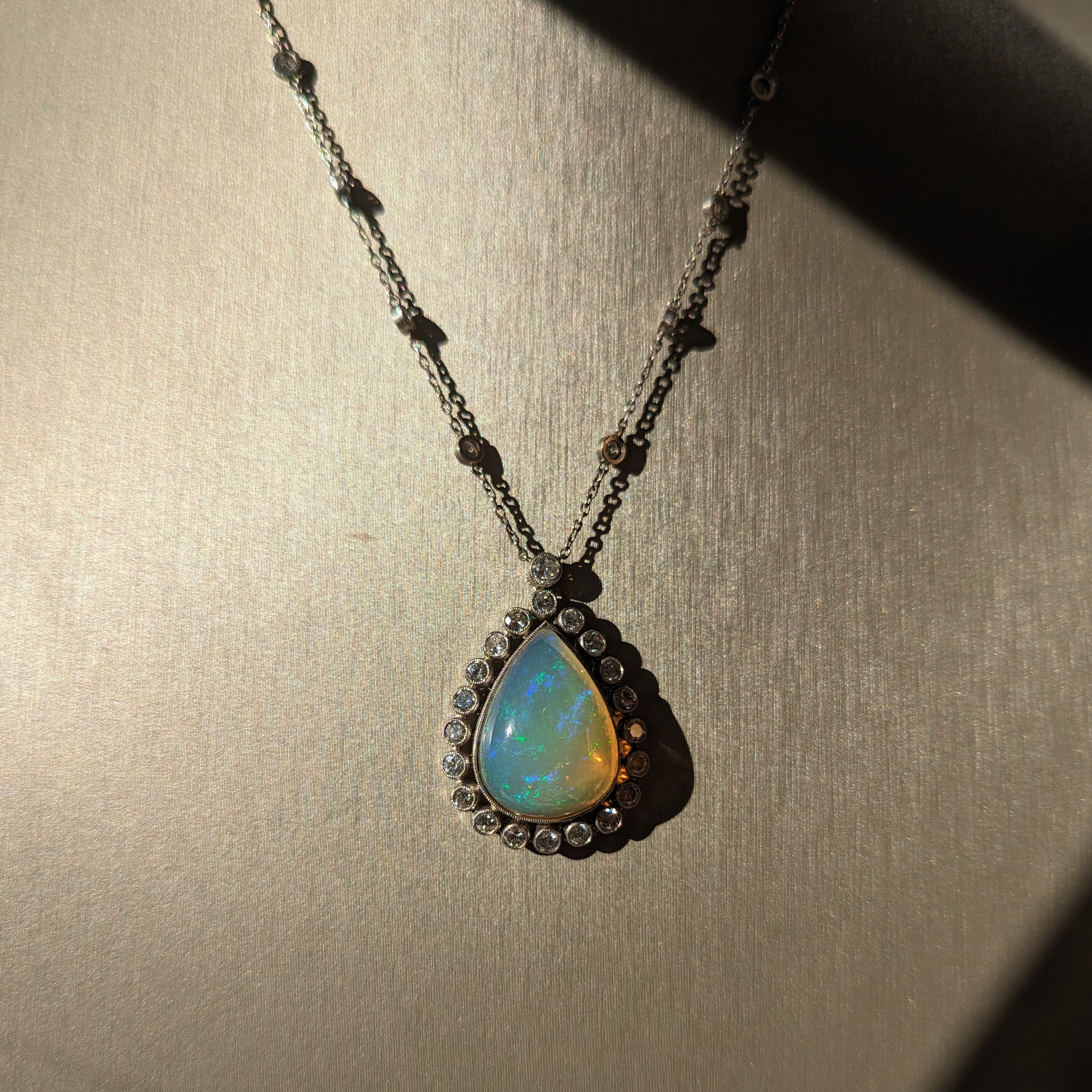 Art Deco Platinum Pear Shape Opal & Diamond Necklace