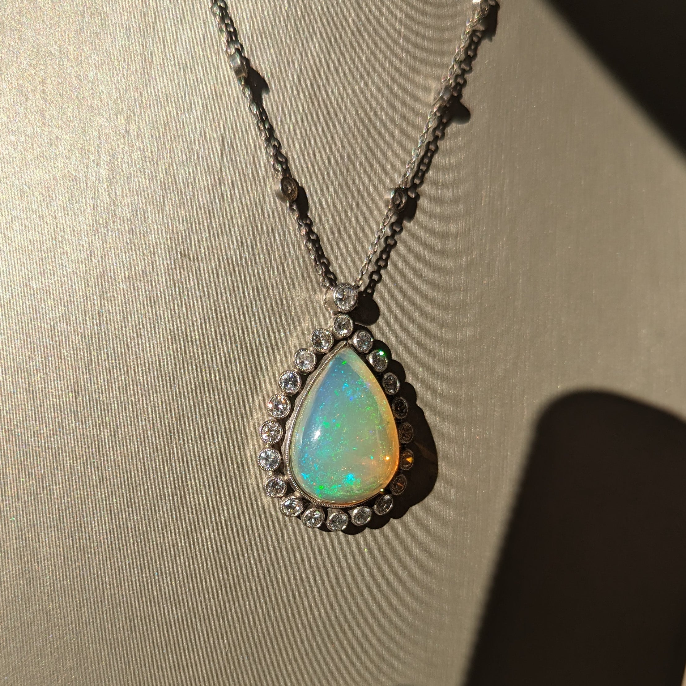 Art Deco Platinum Pear Shape Opal & Diamond Necklace