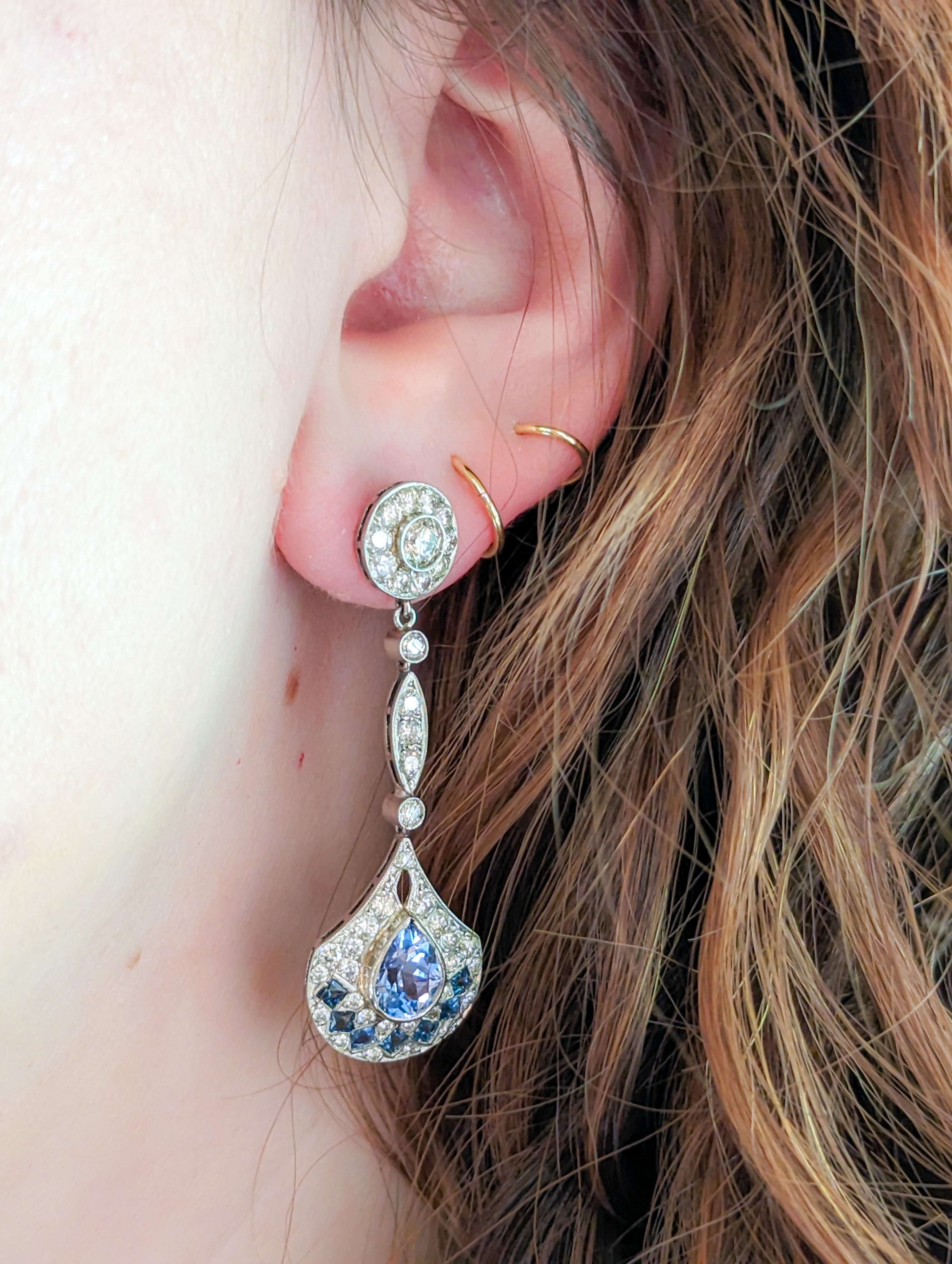 Edwardian Style Platinum Sapphire & Diamond Drop Earrings