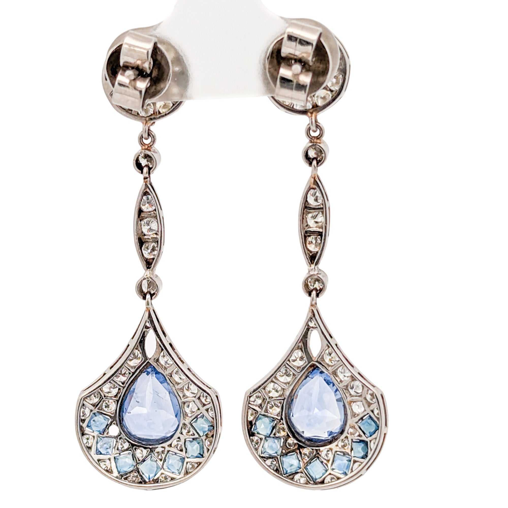 Edwardian Style Platinum Sapphire & Diamond Drop Earrings