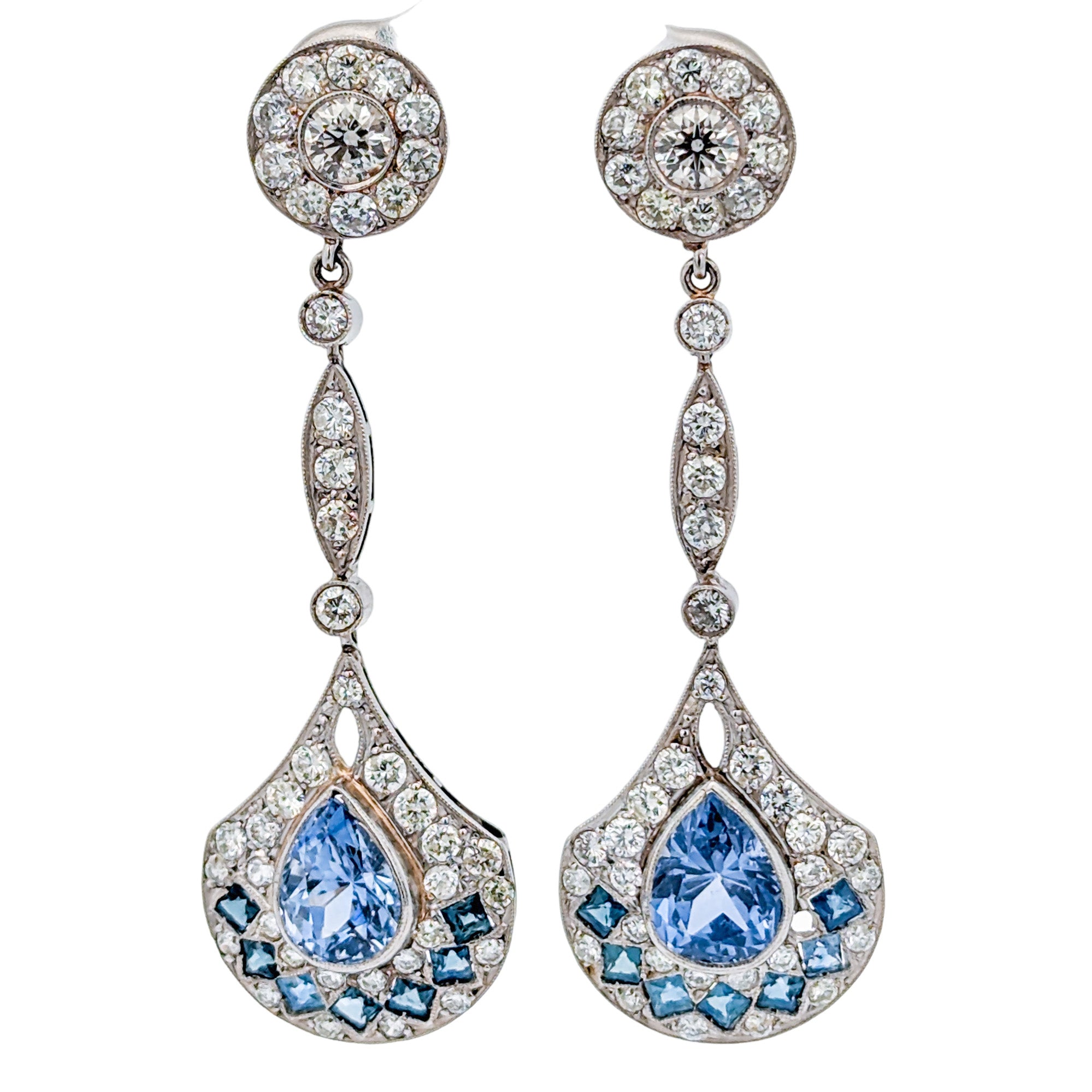 Edwardian Style Platinum Sapphire & Diamond Drop Earrings