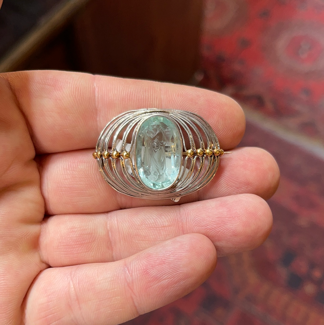 Arts & Crafts Tiffany & Co. Platinum 18K Carved Aquamarine Brooch