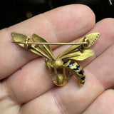 18k Yellow Gold, Enamel Diamond & Natural Pearl Wasp or Hornet Brooch