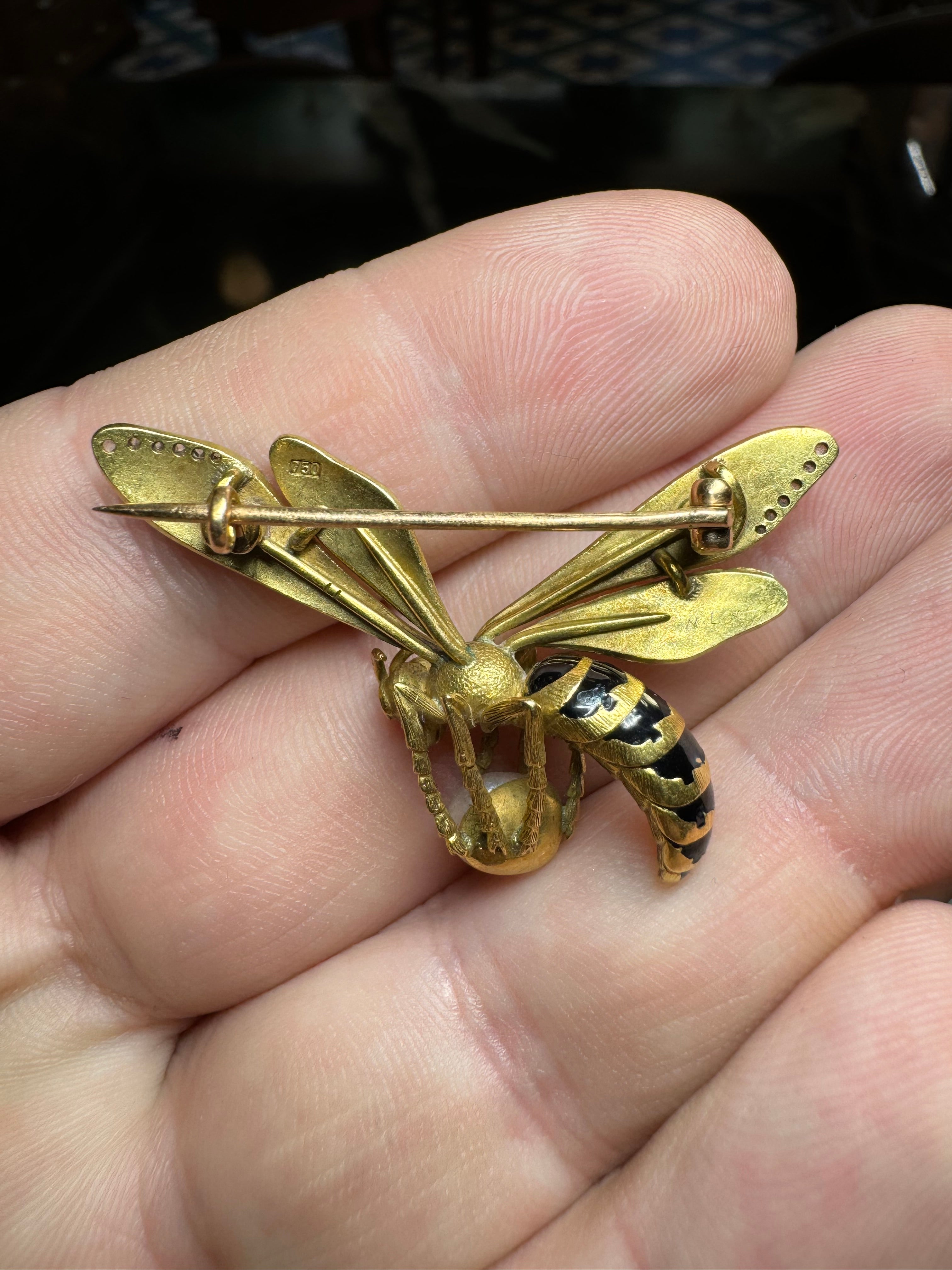 18k Yellow Gold, Enamel Diamond & Natural Pearl Wasp or Hornet Brooch