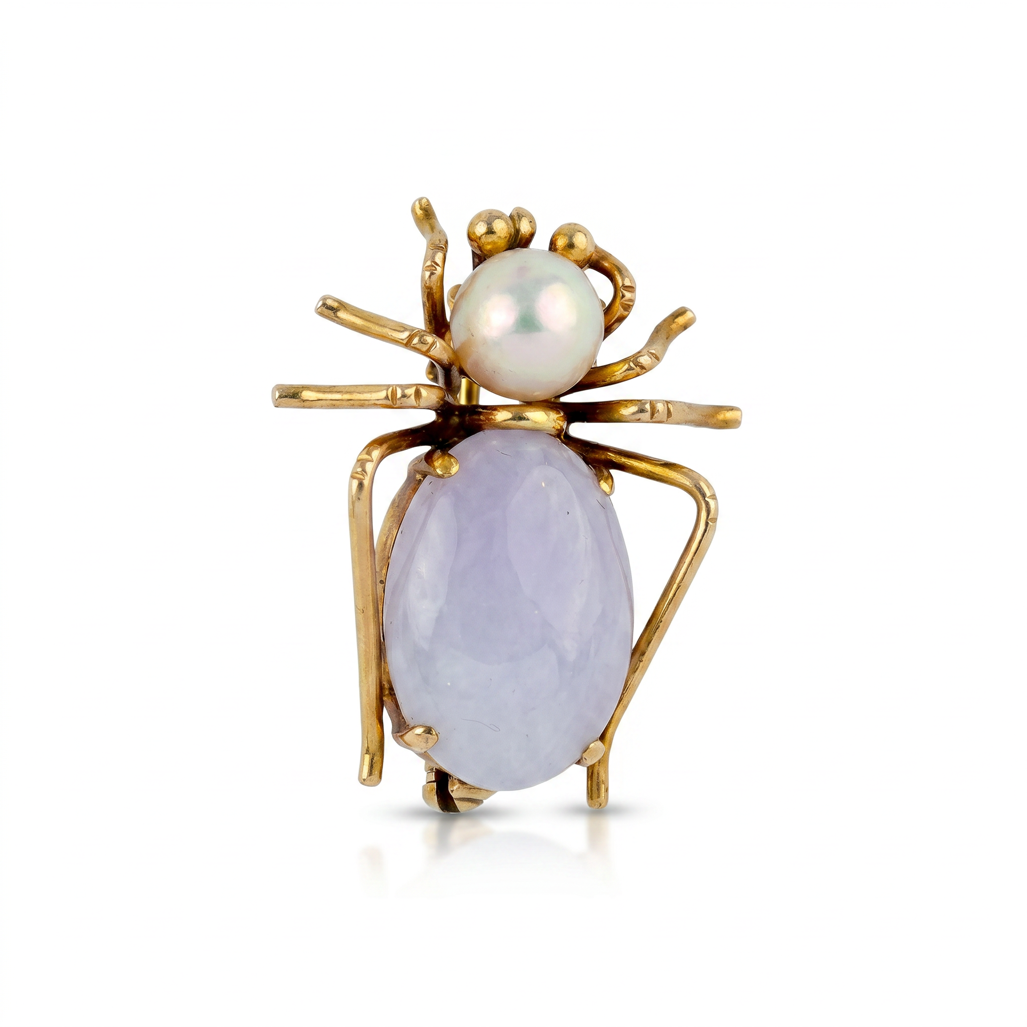 Vintage 14K Gold Lavender Jade & Pearl Spider Brooch