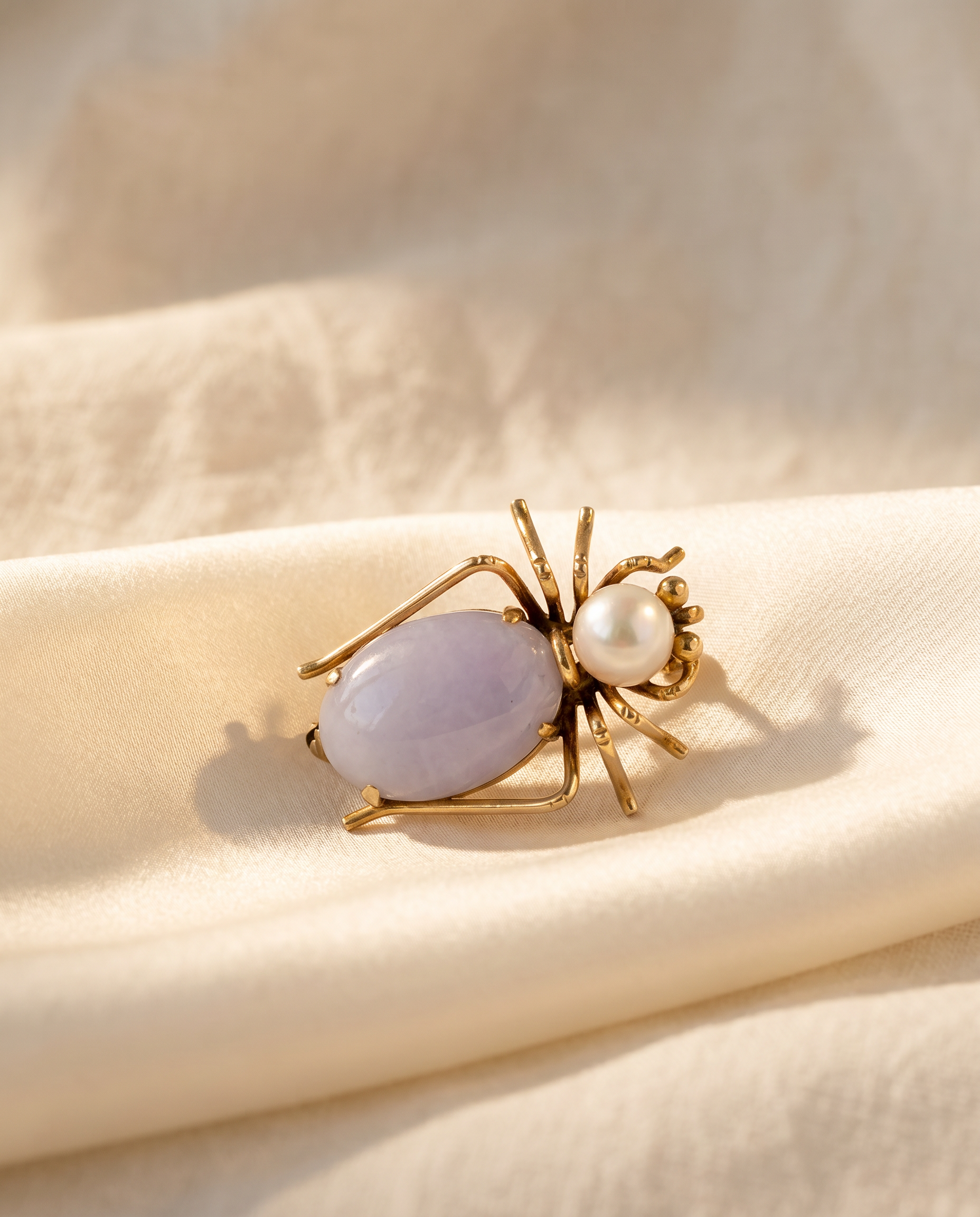 Vintage 14K Gold Lavender Jade & Pearl Spider Brooch
