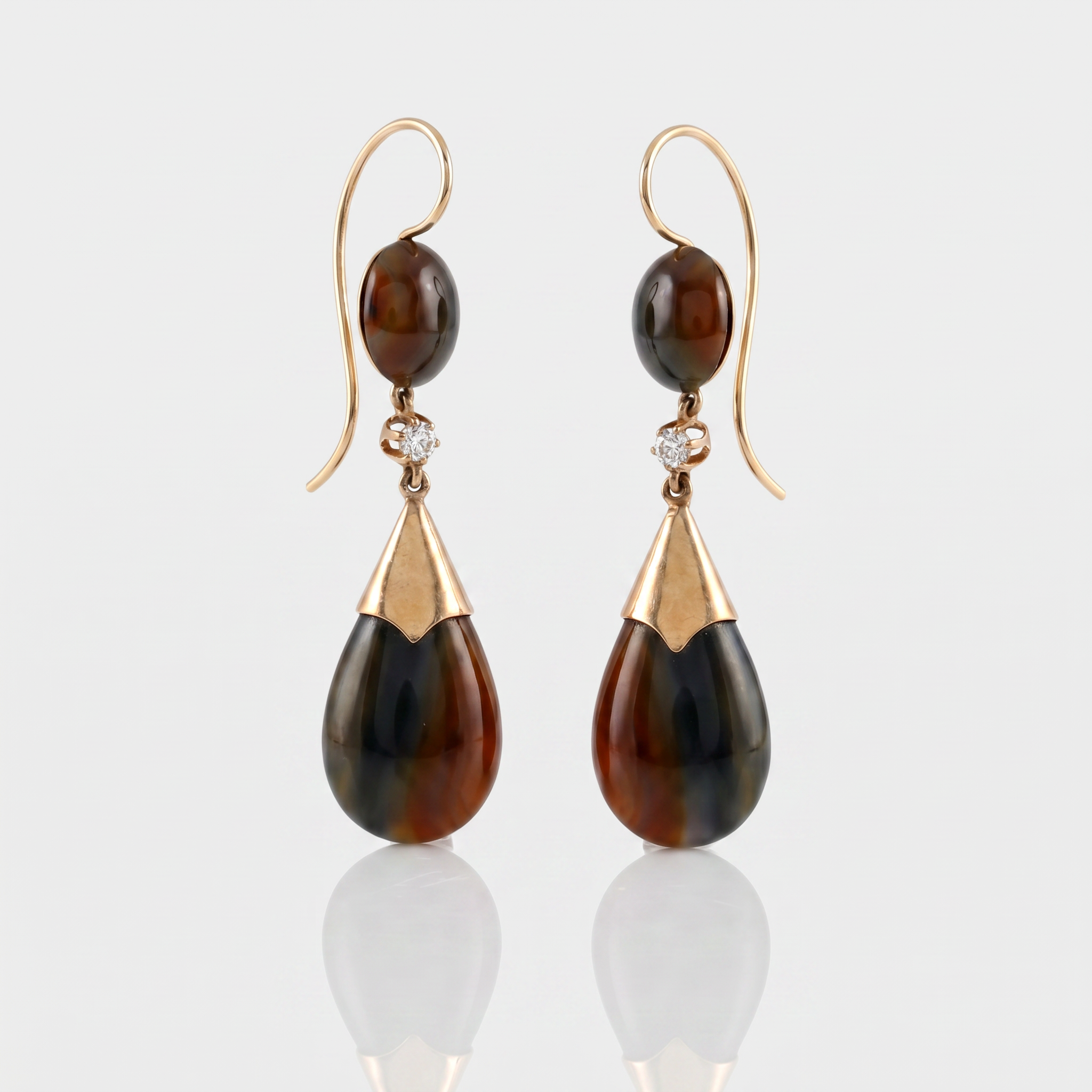 Victorian 14K Gold Agate & Diamond Drop Earrings