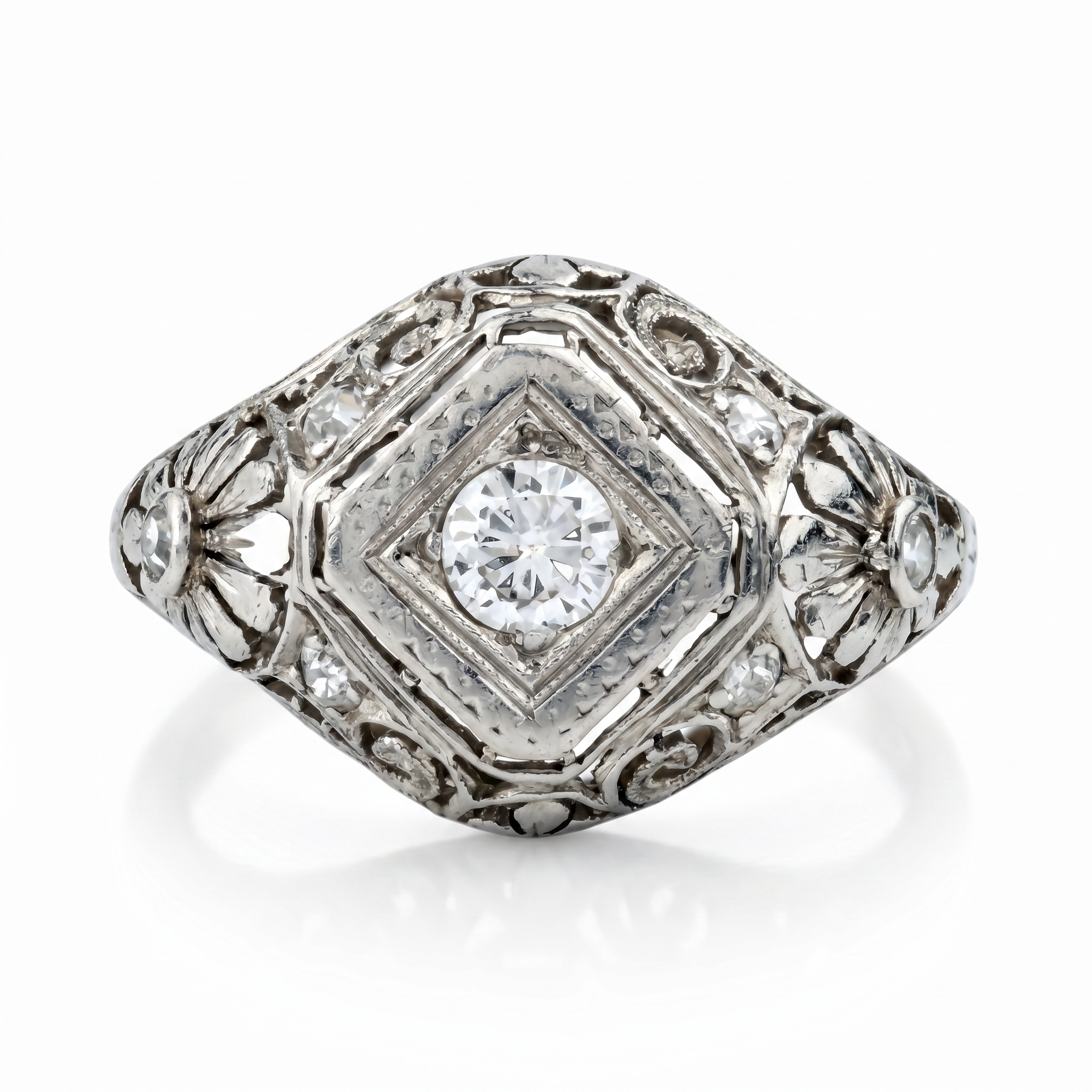 Edwardian Platinum Diamond Filigree Ring - 1910s 0.35ct