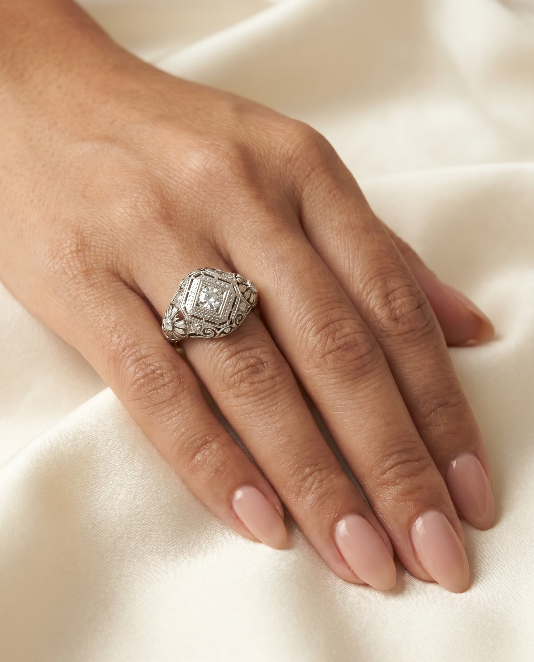 Edwardian Platinum Diamond Filigree Ring - 1910s 0.35ct