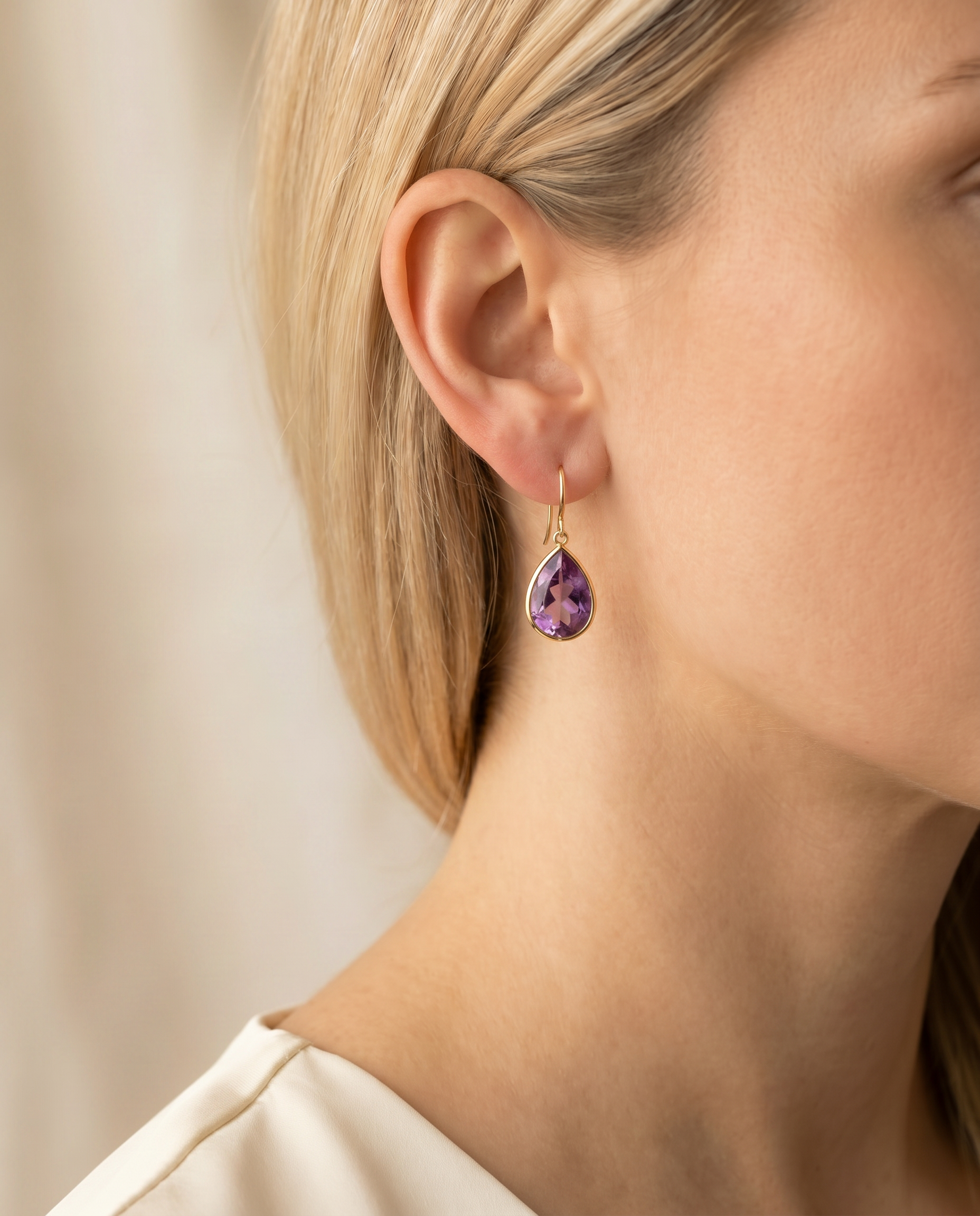 14K Yellow Gold Amethyst Pear Drop Earrings - 22.5mm