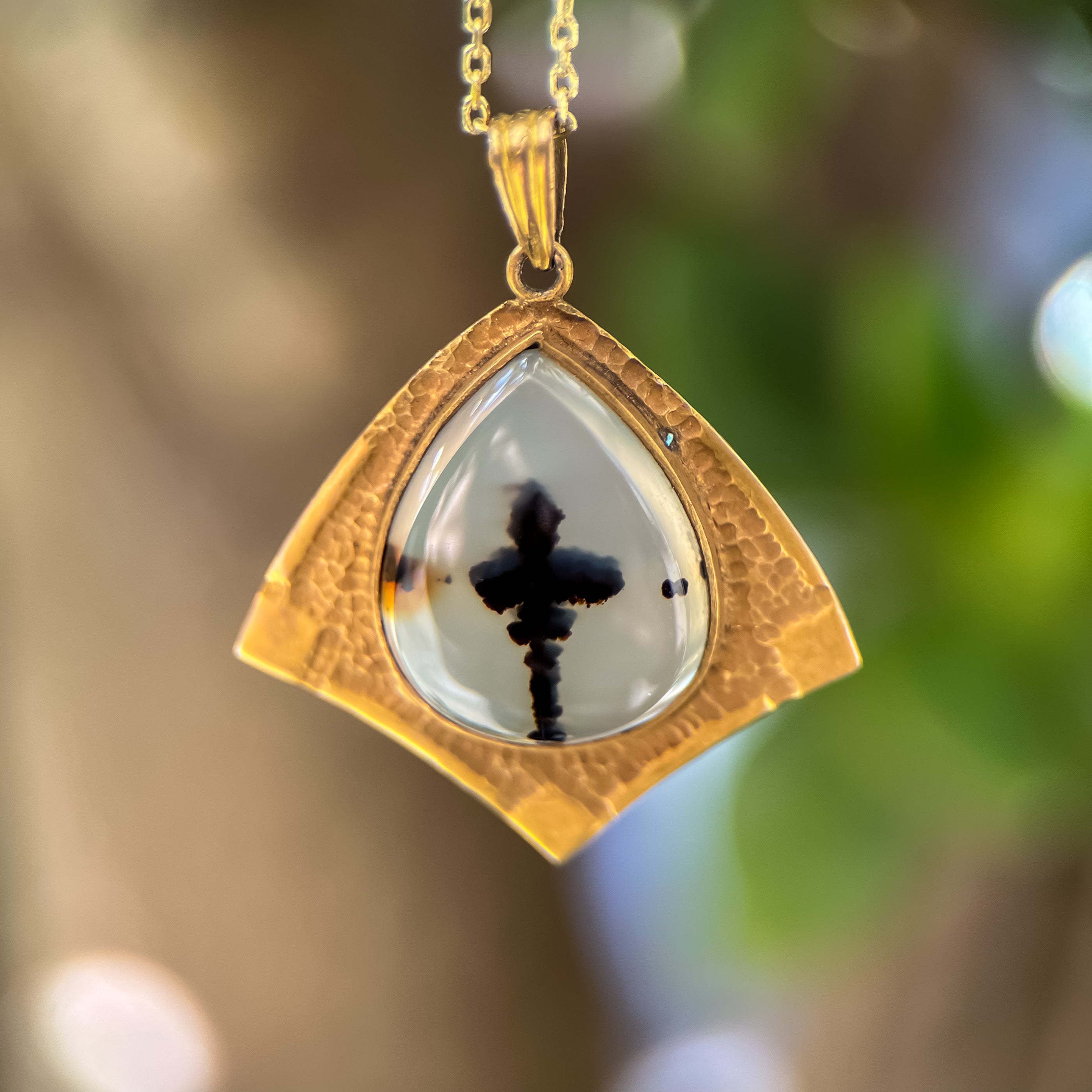 Arts & Crafts Agate 14K Yellow Gold Cross Pendant