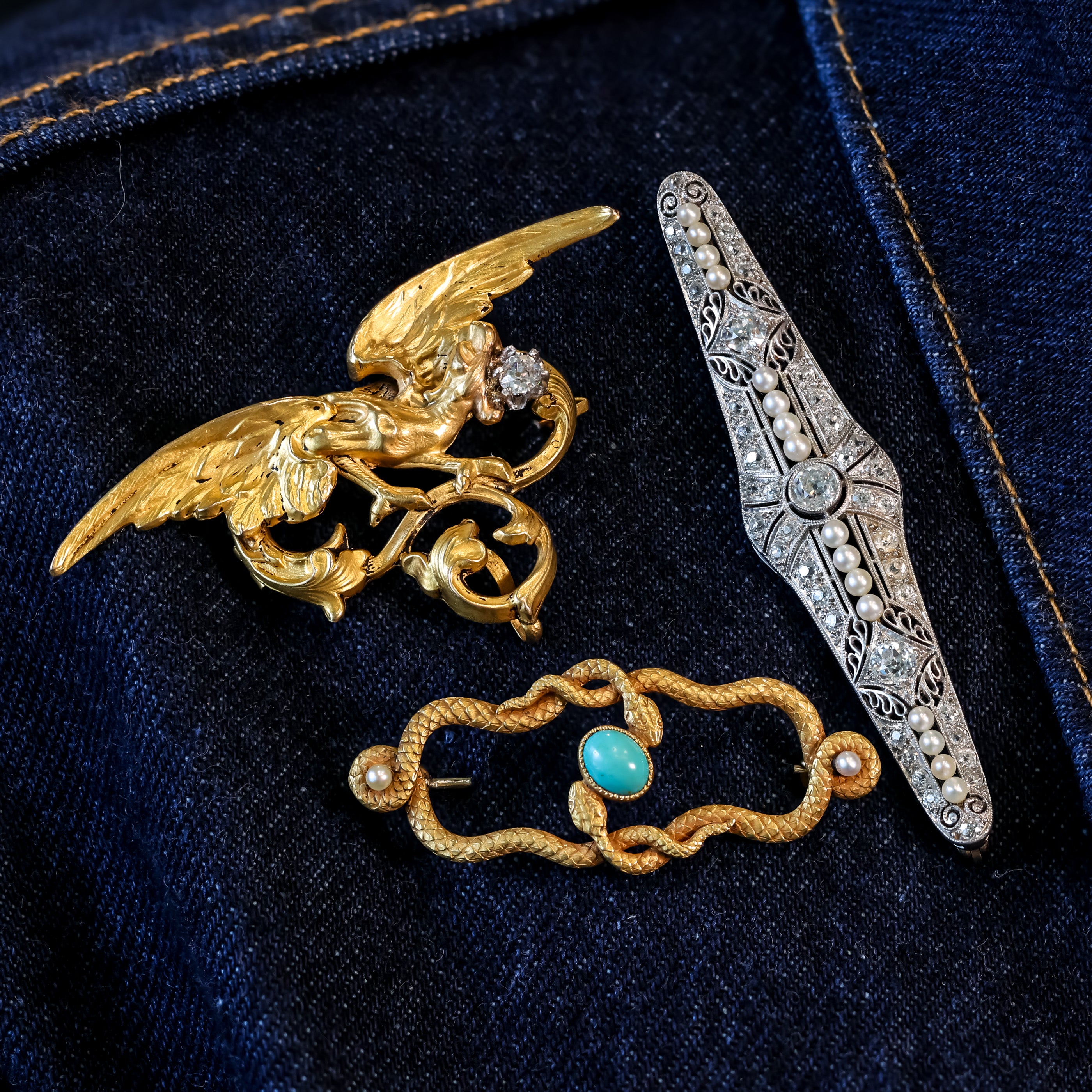 Edwardian Platinum Natural Diamond & Pearl Navette Brooch