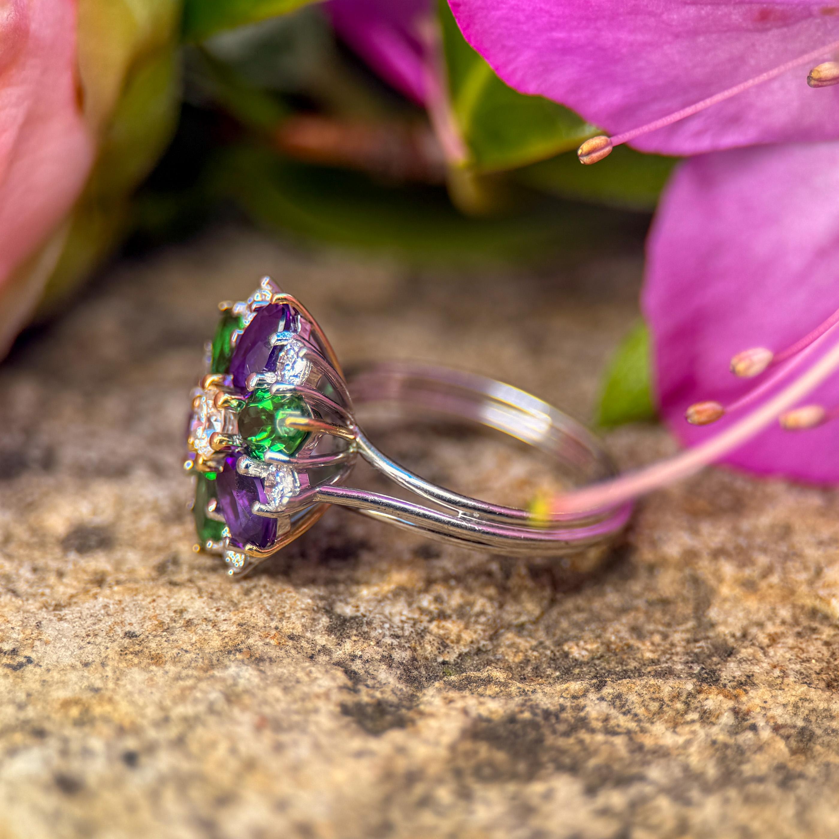 Platinum and 18k Gold with Tsavorite and Amethyst Accent Cluster Ring
