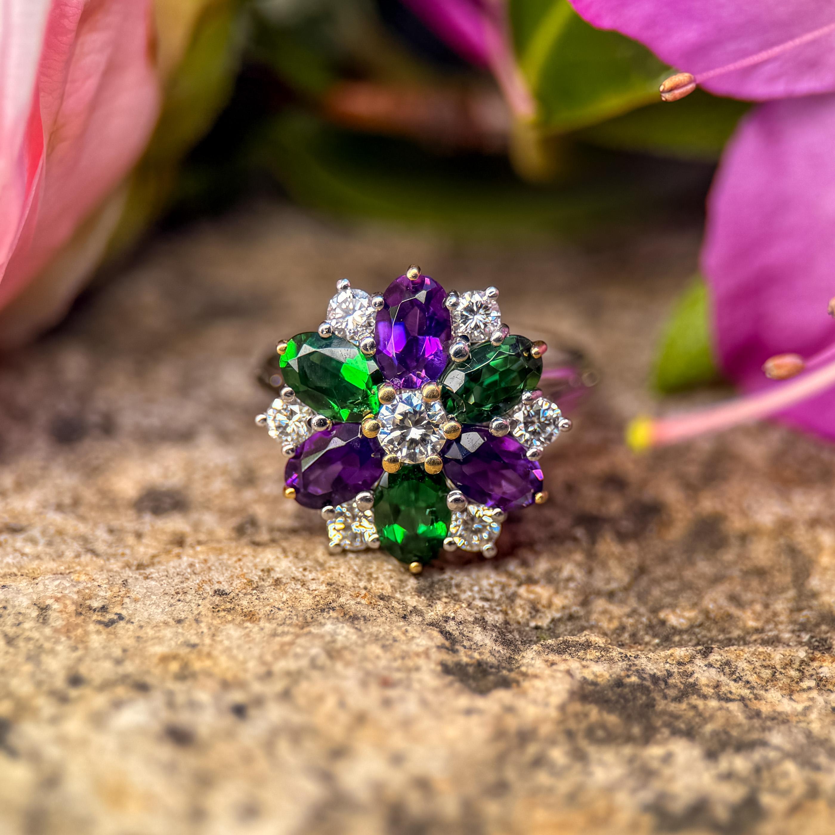Platinum and 18k Gold with Tsavorite and Amethyst Accent Cluster Ring