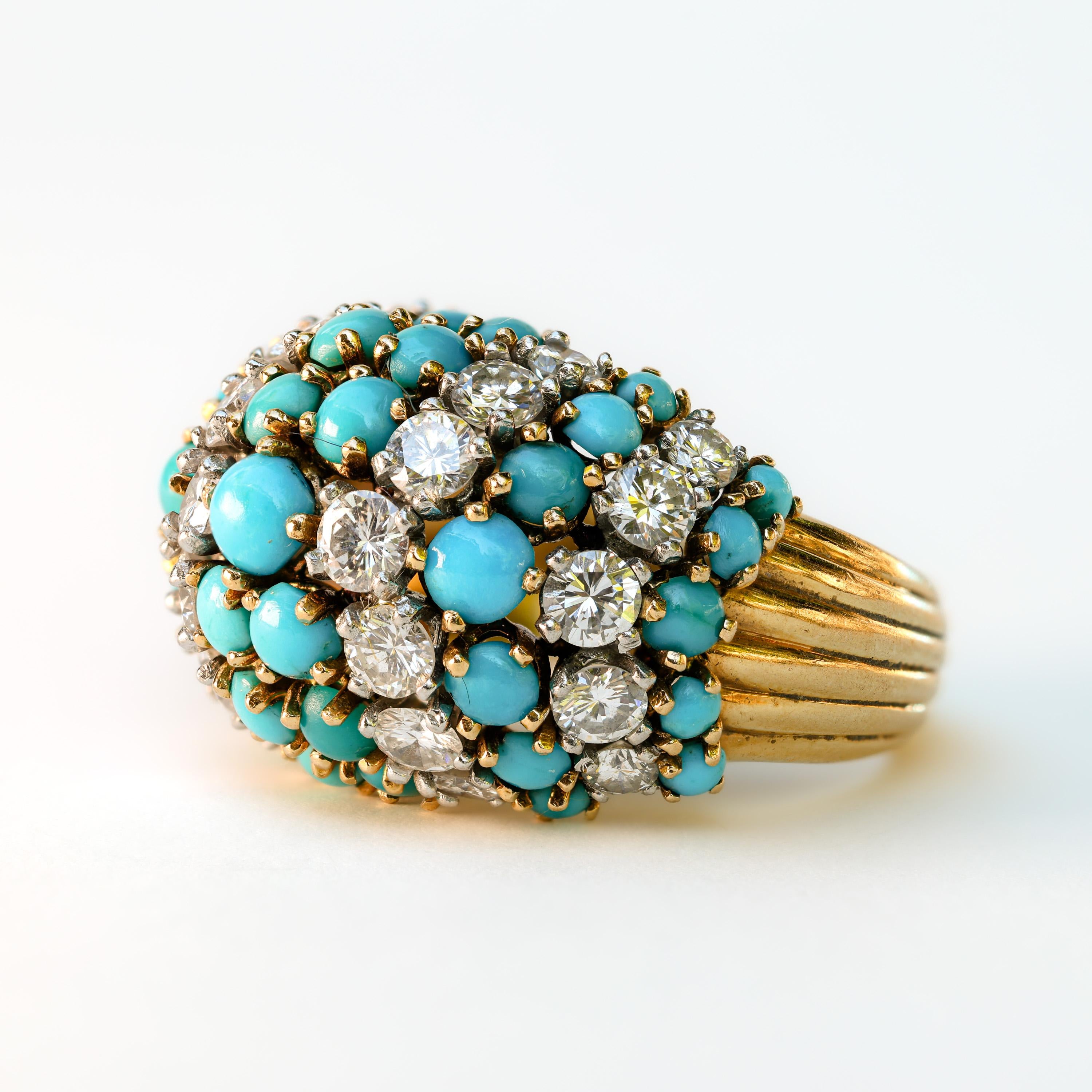 French Retro 18K Turquoise & Diamond Bombé Cocktail Ring