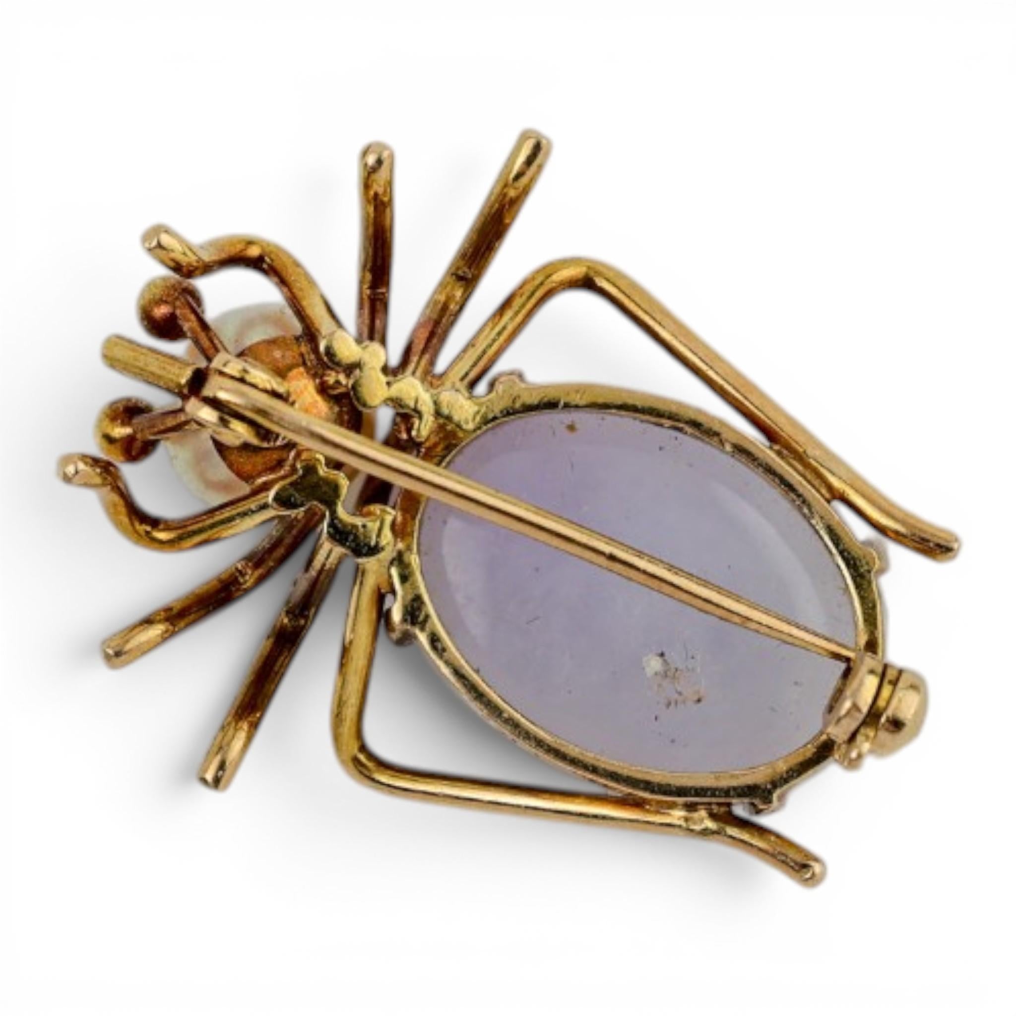 Vintage Lavender Jade & Pearl Spider Brooch