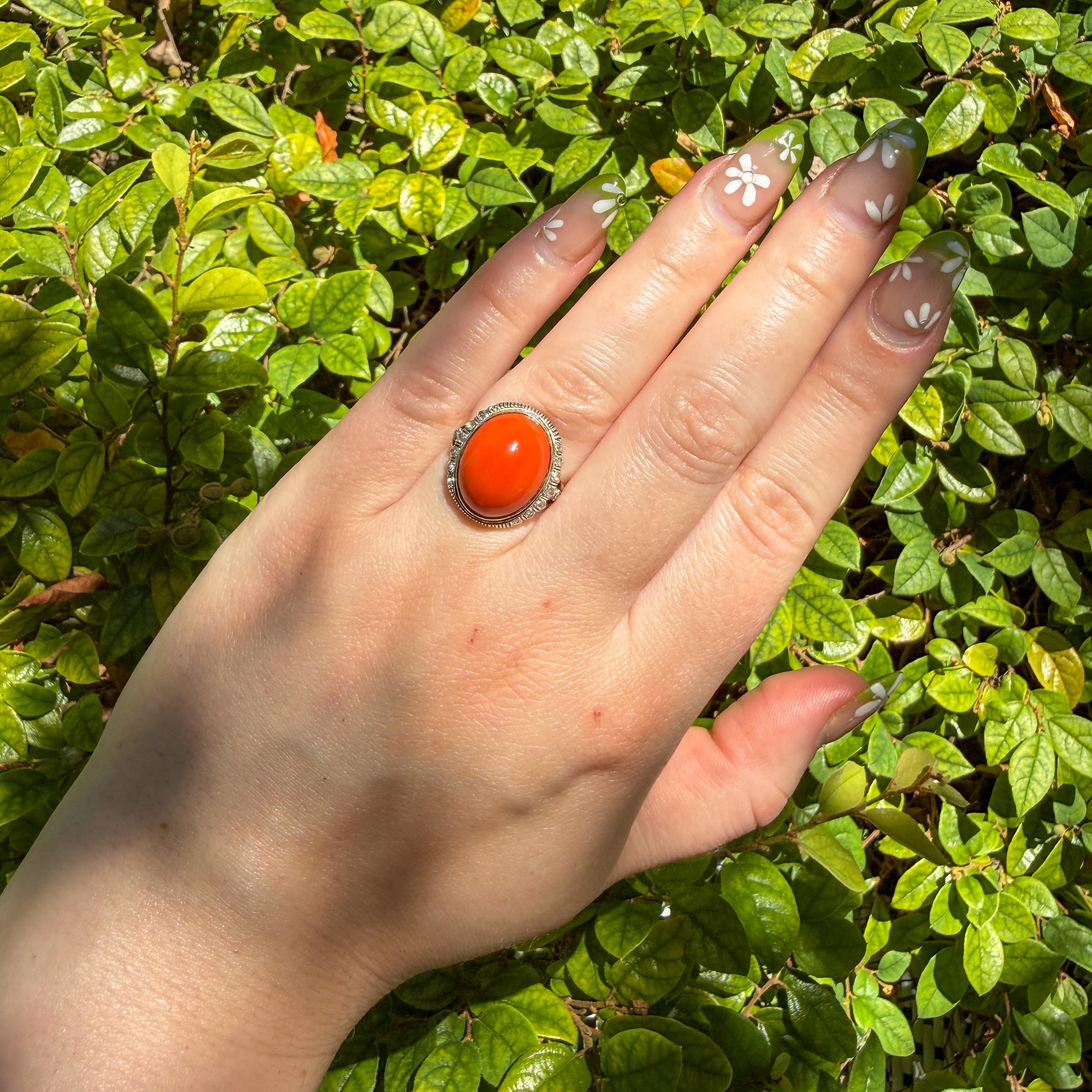 Dutch Victorian Revival Coral & Diamond Ring