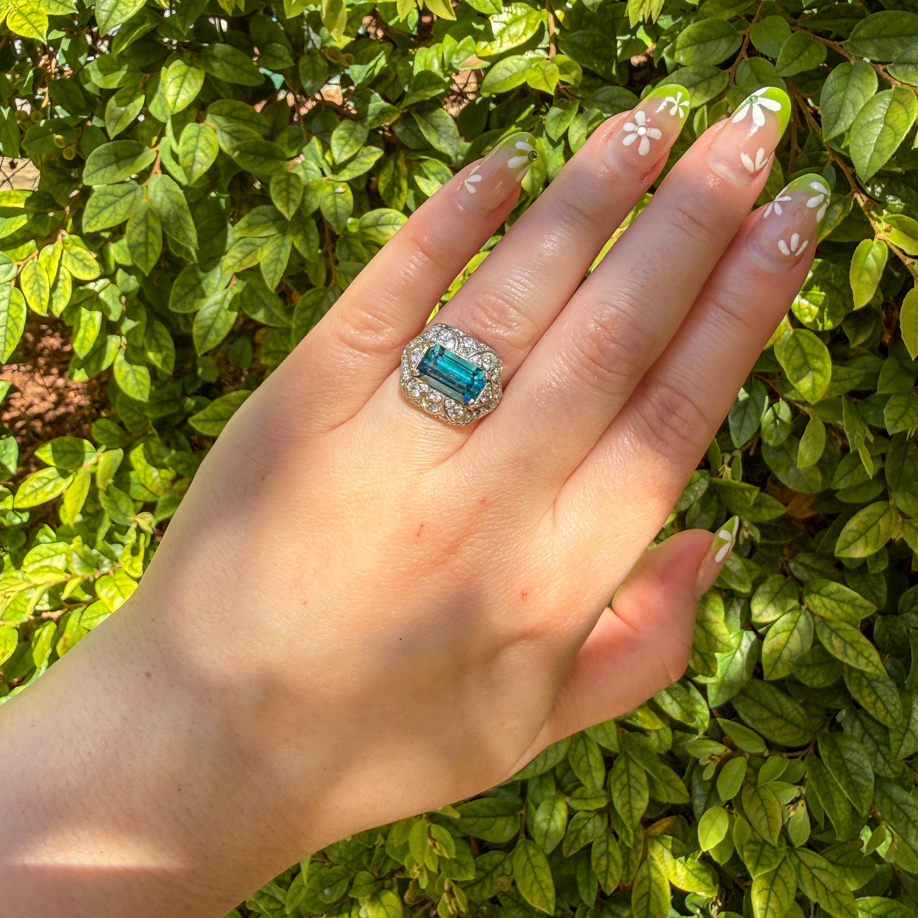 Edwardian Zircon & Diamond Platinum Filigree Ring