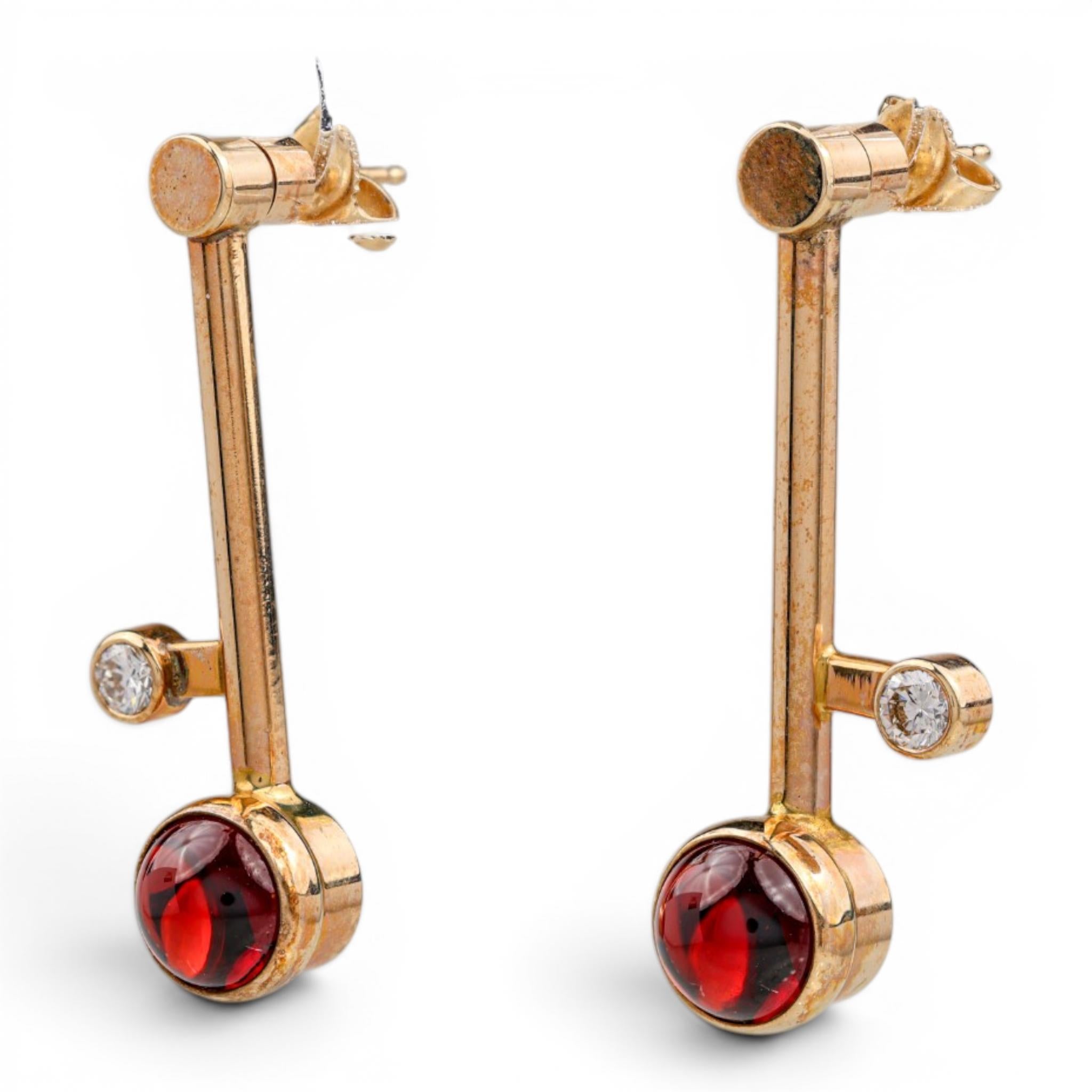 Modernist 14K Garnet and Diamond Drop Earrings