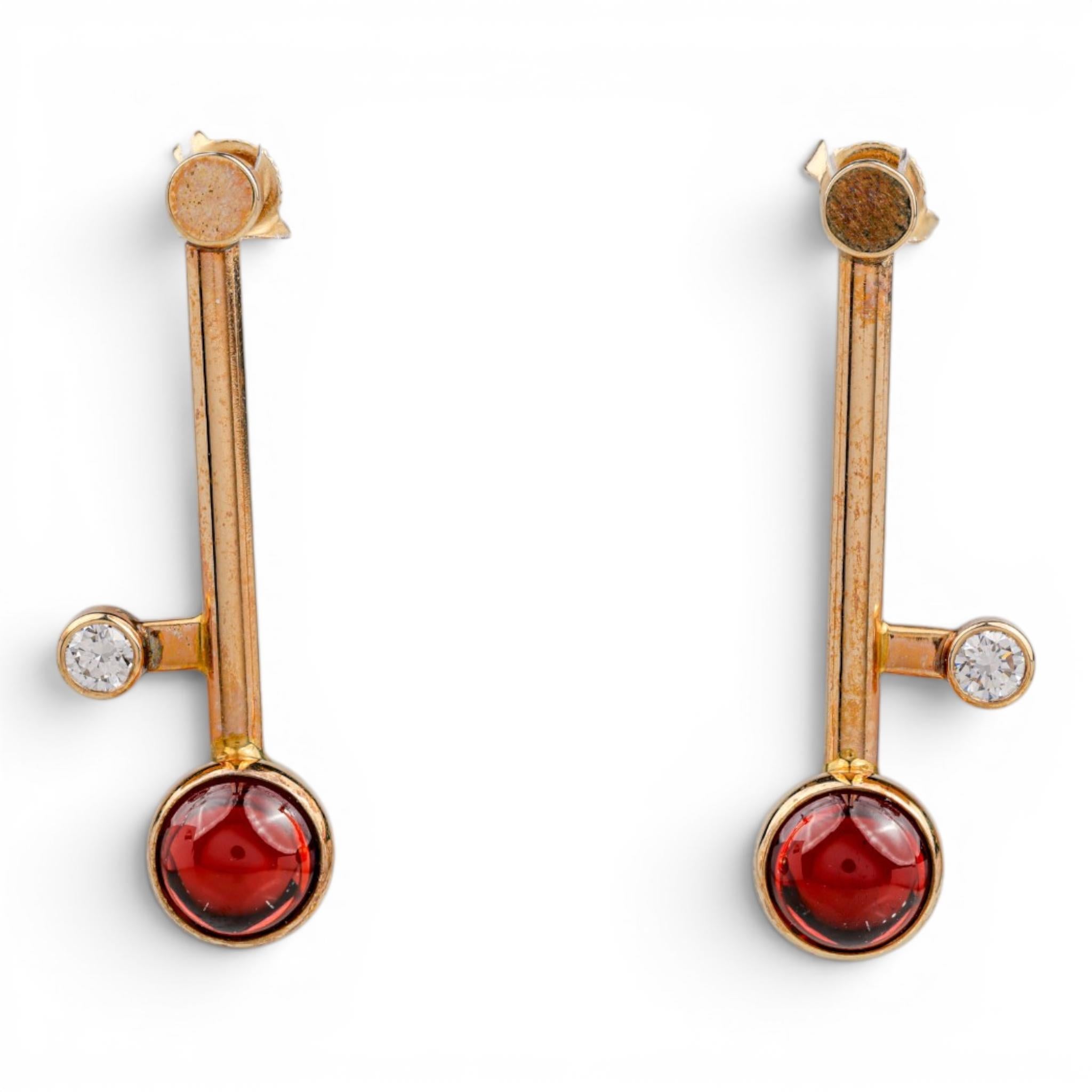 Modernist 14K Garnet and Diamond Drop Earrings