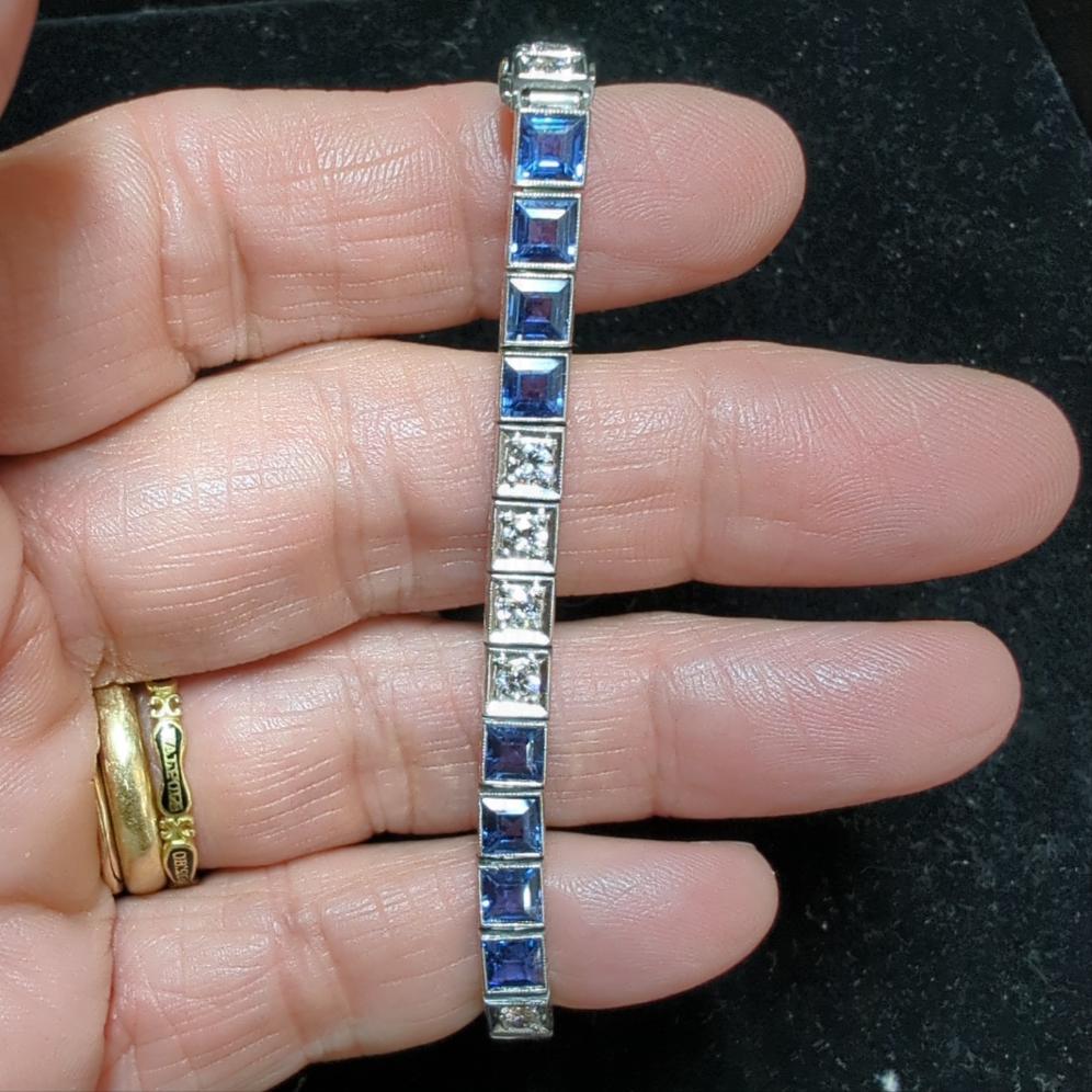 Robert Klitz Platinum Art Deco AGL Yogo Montana Sapphire (9cttw) & Diamond (2.75ct) Line Bracelet 6.5"