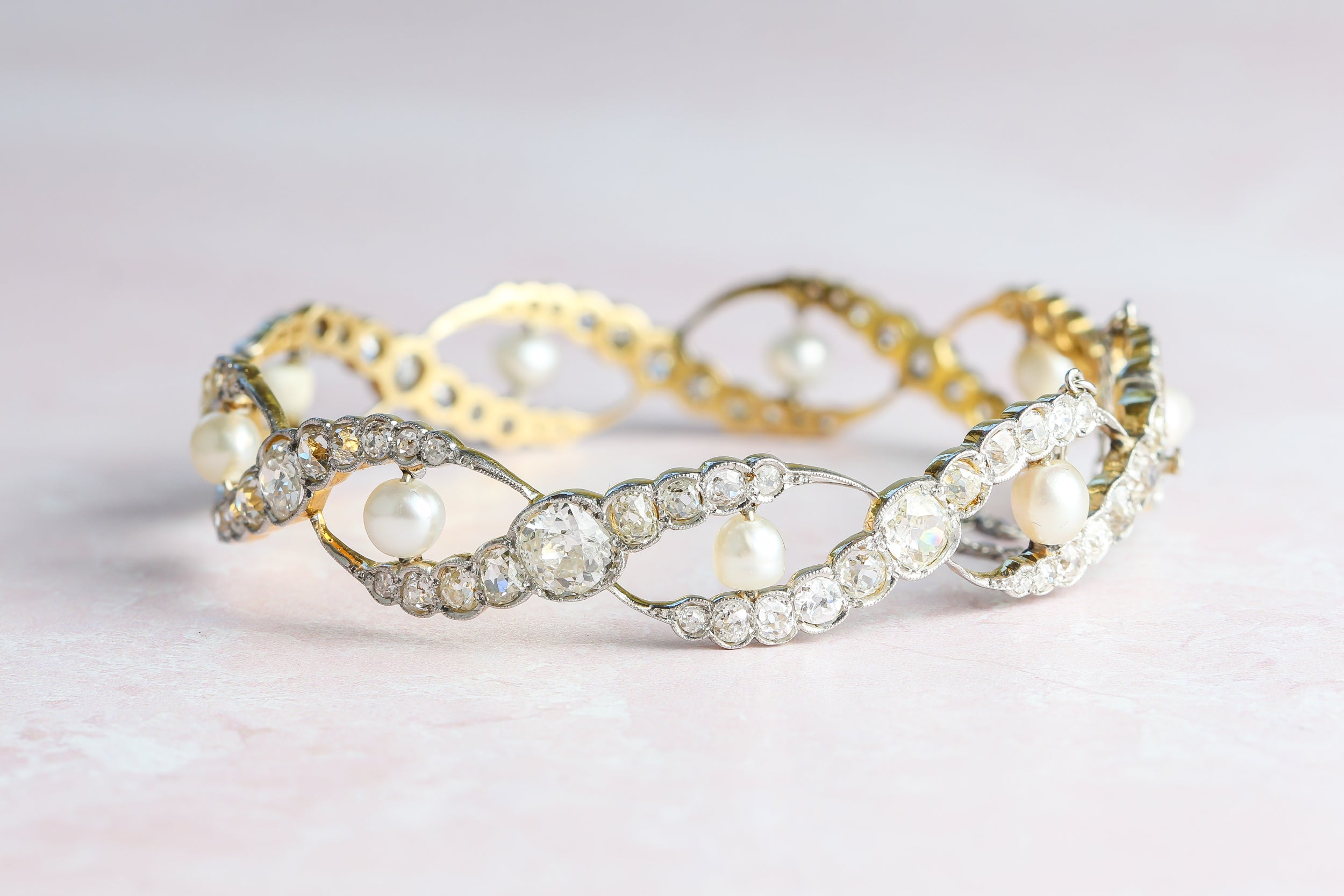 14k Yellow Gold Platinum Natural Pearl & Diamond Bangle Bracelet