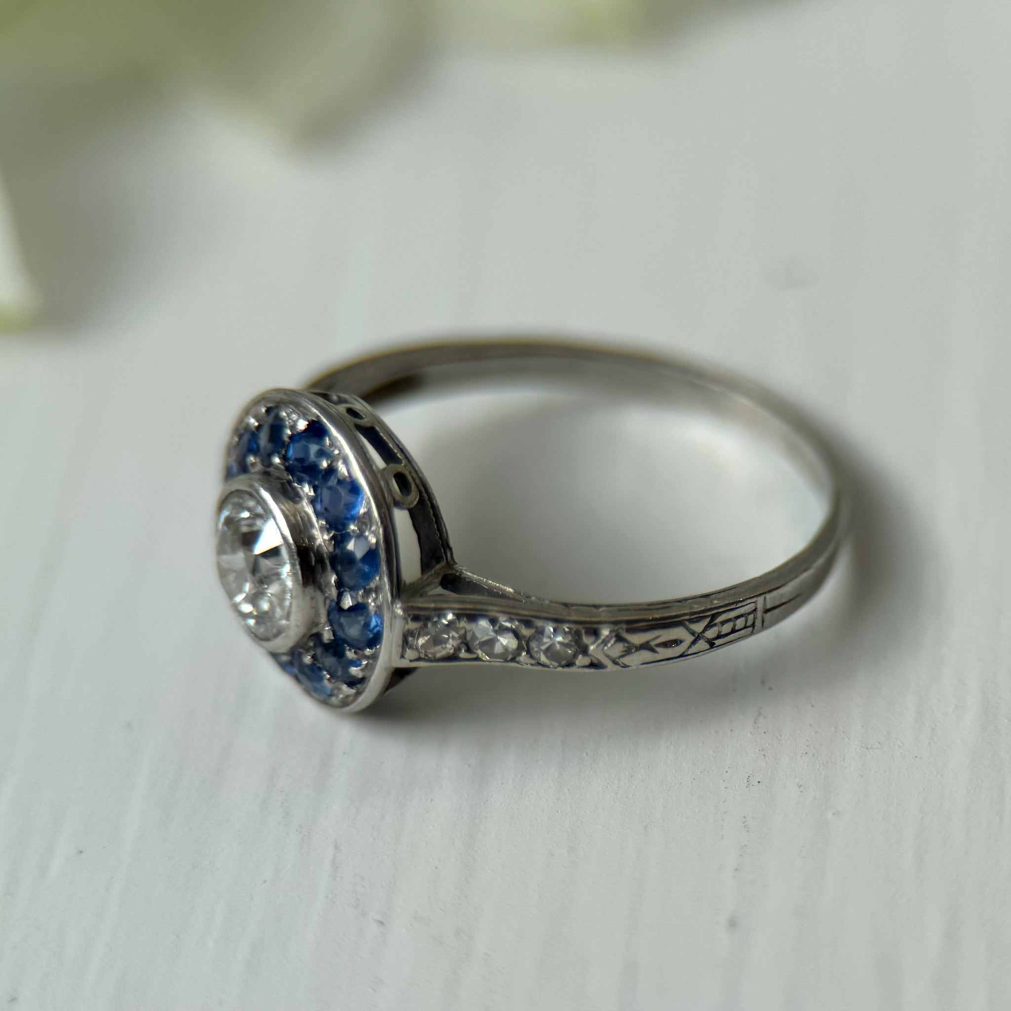 Art Deco Style Platinum Diamond & Sapphire Halo Ring