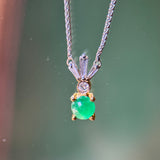 14k White Gold Emerald Cabochon (1.25ct) & Diamond (0.45ct) Necklace 15.5"