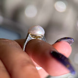 Platinum Art Deco Natural Freshwater Pearl (10.9mm GIA) & Diamond (0.18cttw) Ring Sz 4.5