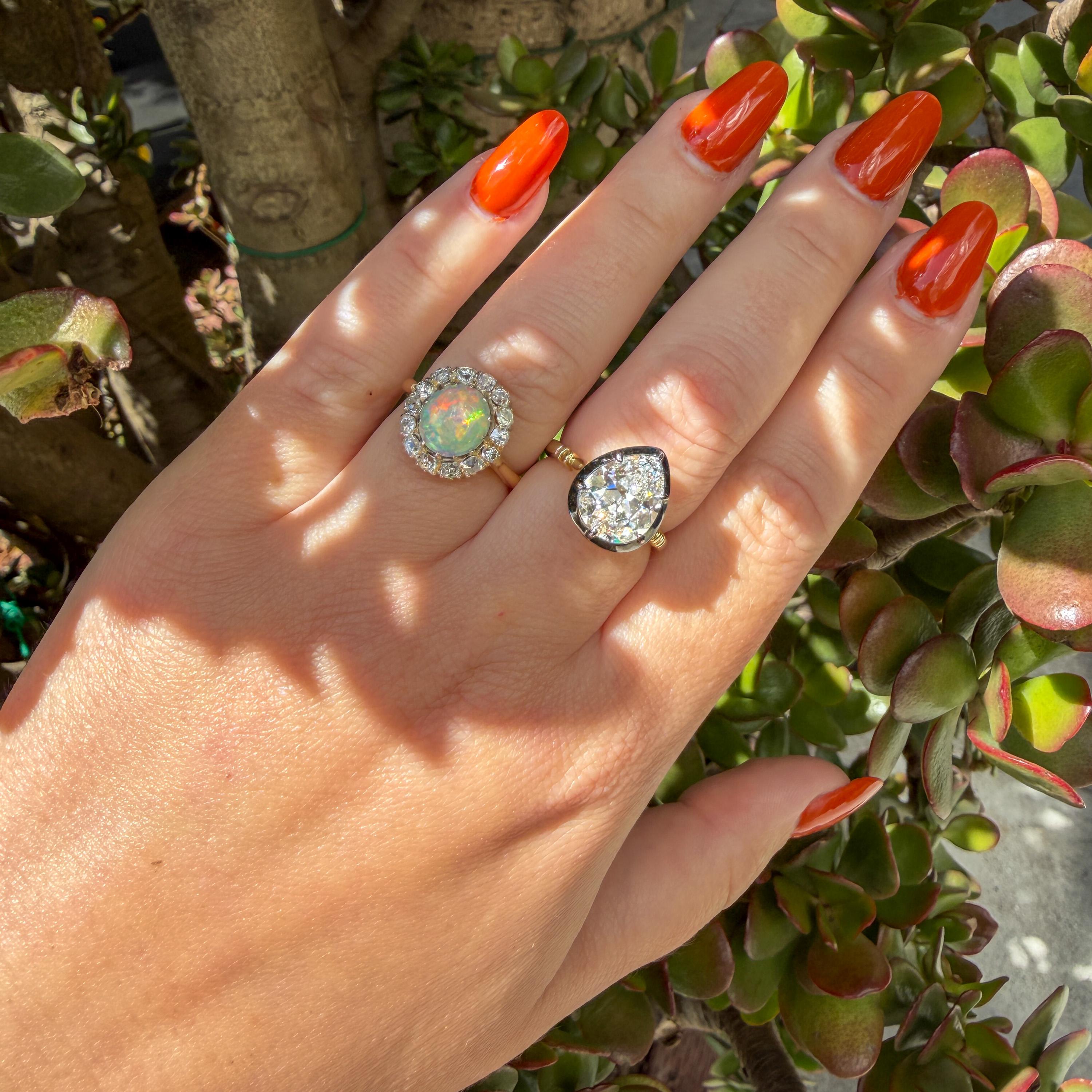 Victorian Opal Old Mine Cut Diamond Cluster Ring