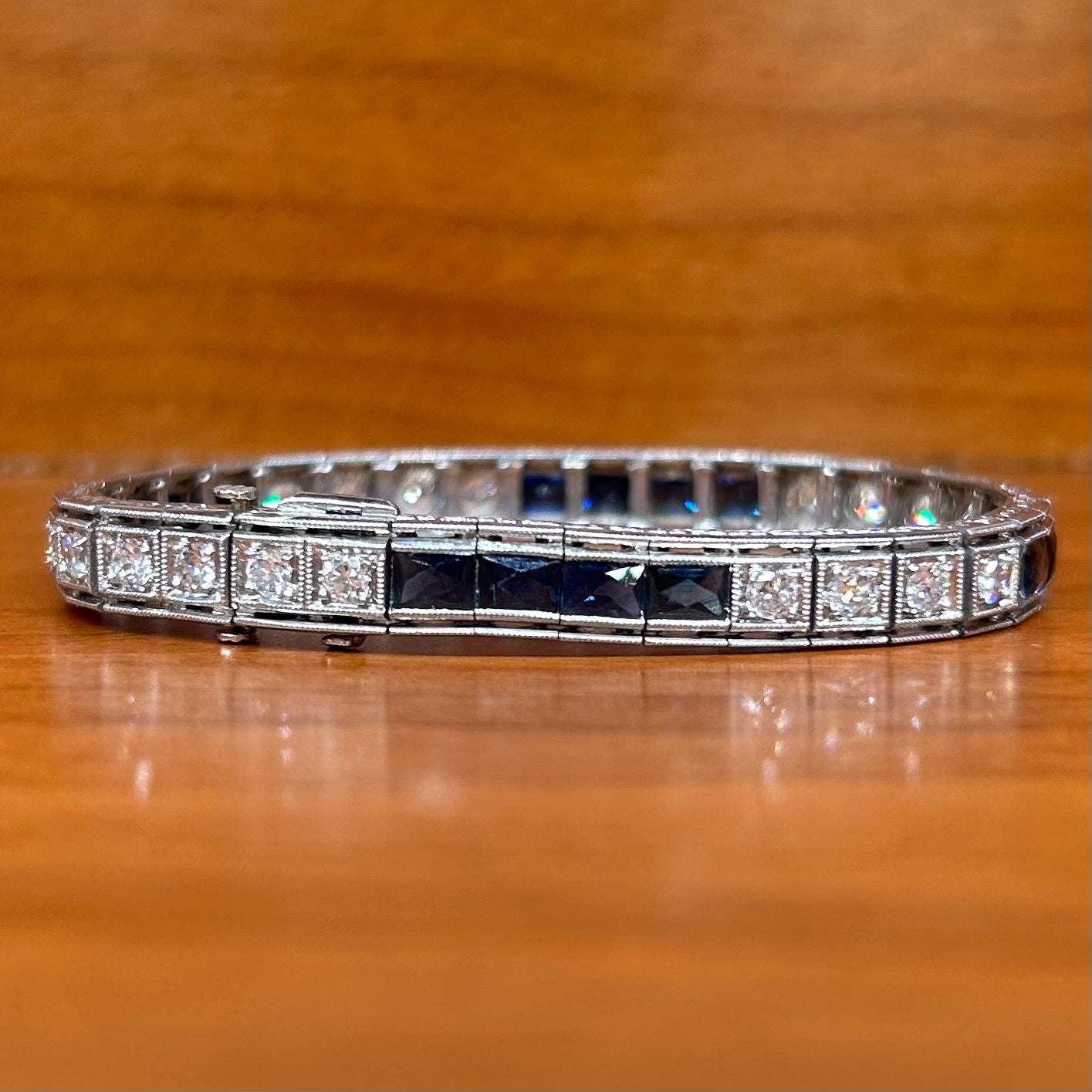 Platinum Art Deco French Cut Sapphire  (7cttw) & Diamond (2cttw Vs-si H-J) Line Bracelet 6.25”