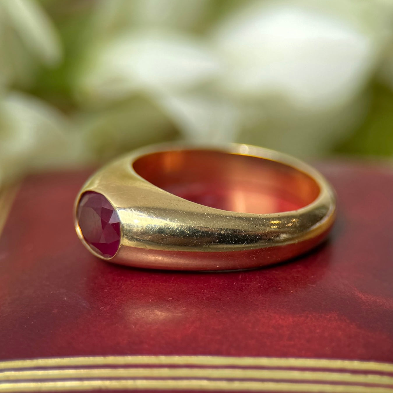 Flush Set Burmese Ruby Yellow Gold Ring