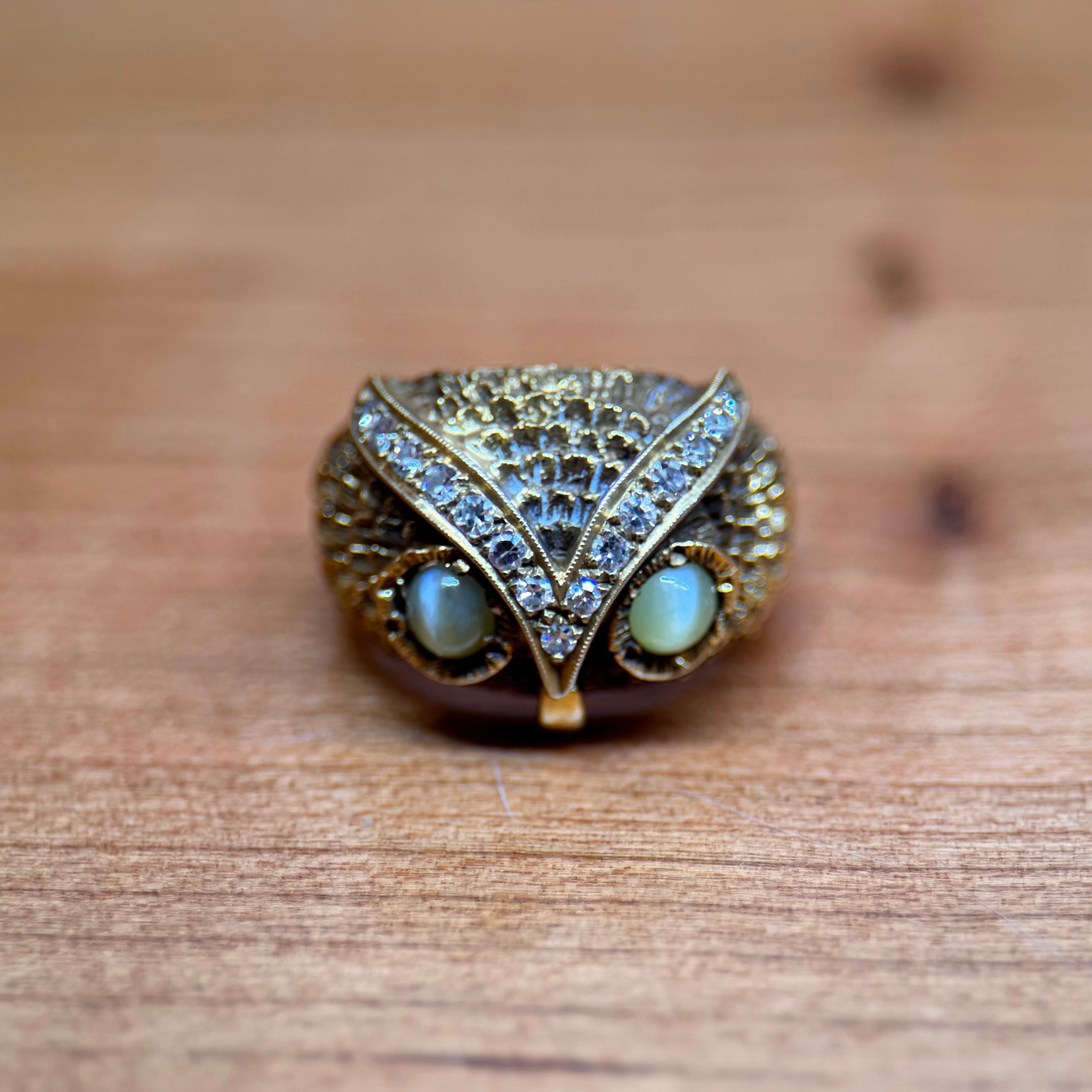 14k Yellow Gold Cats Eye Chrysoberyl & Diamond Owl Ring