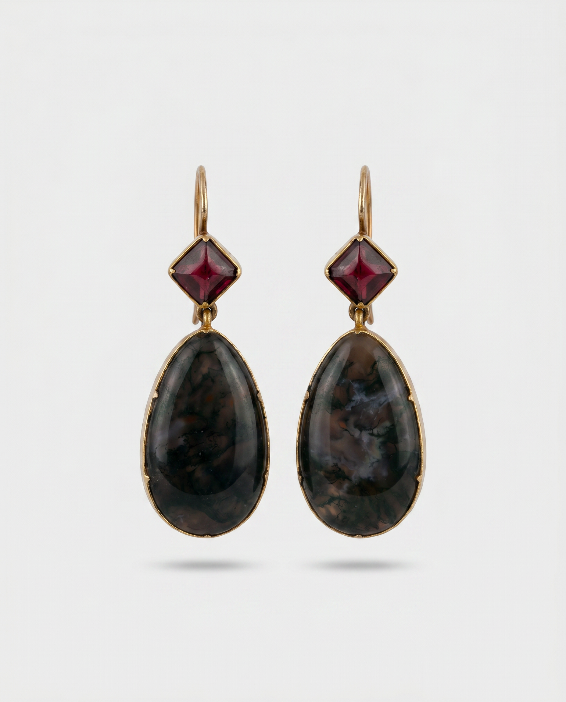 Georgian Moss Agate & Garnet Drop Earrings in 14K Gold
