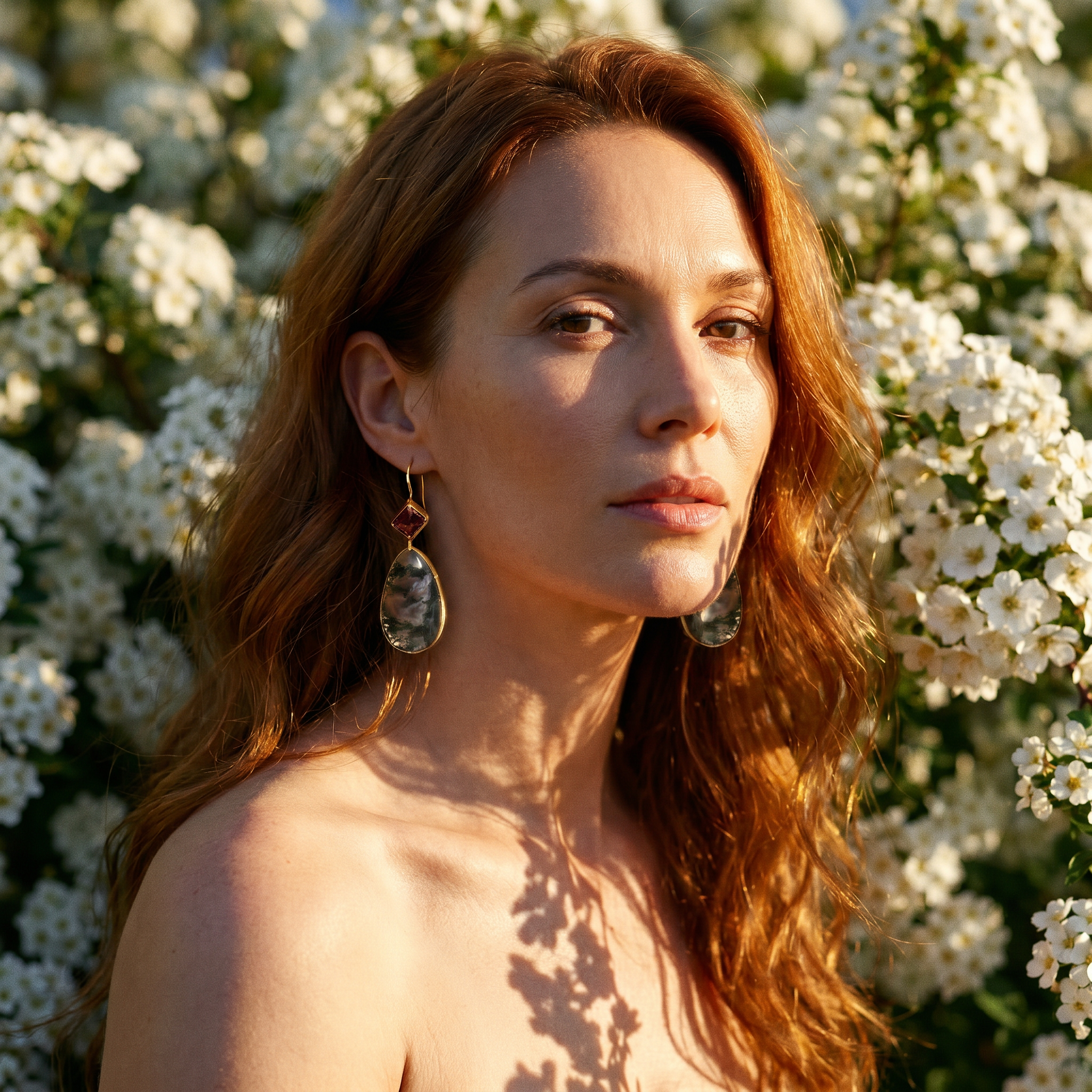 Georgian Moss Agate & Garnet Drop Earrings in 14K Gold