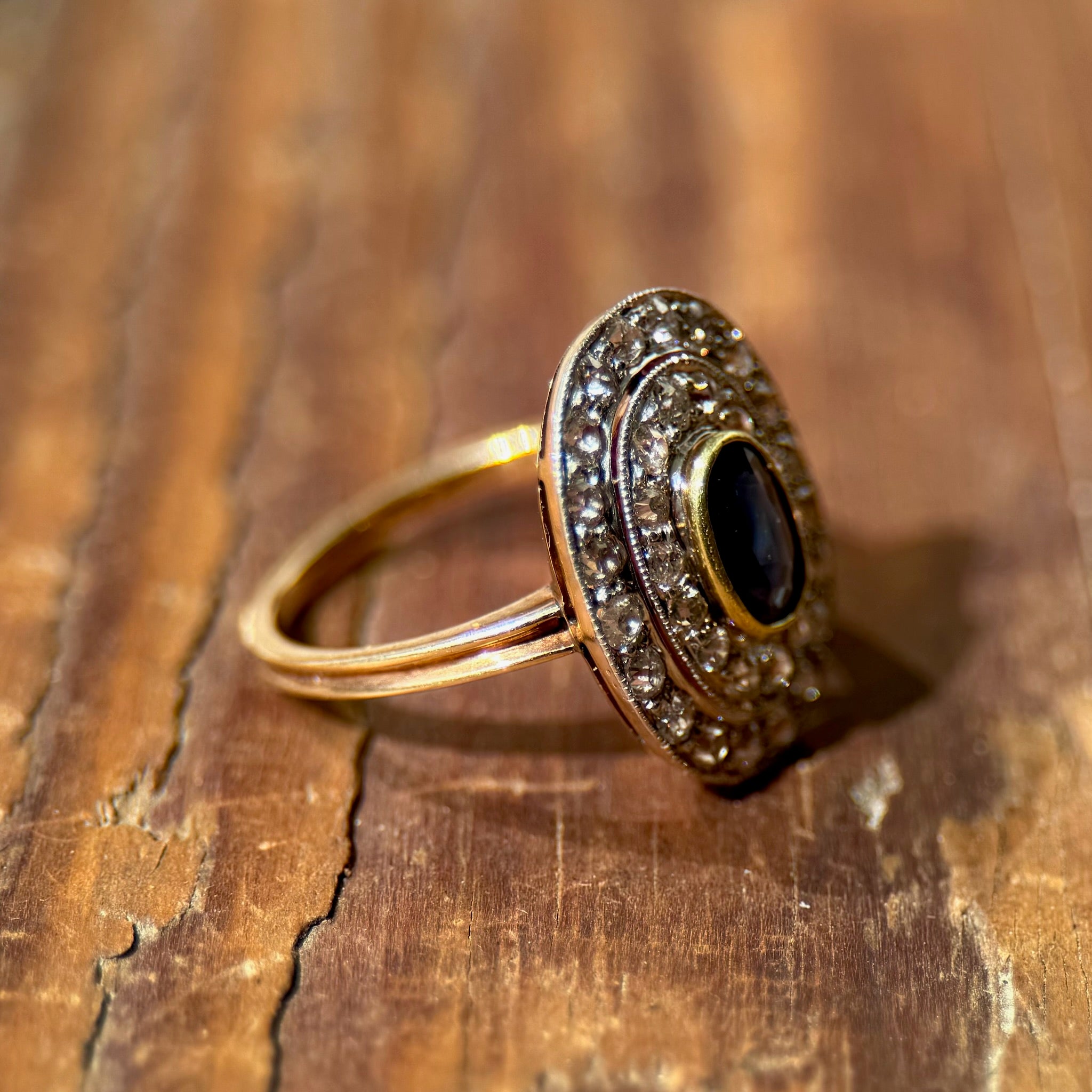 Edwardian Sapphire Ring with Diamond Halo