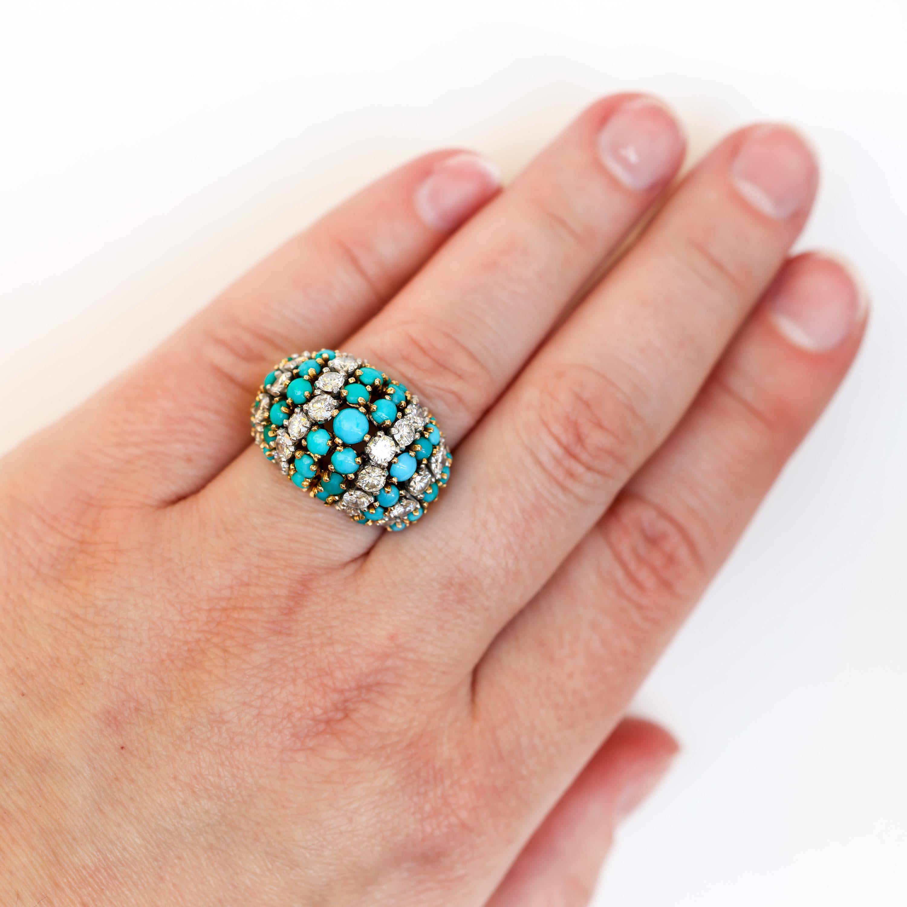 French Retro 18K Turquoise & Diamond Bombé Cocktail Ring