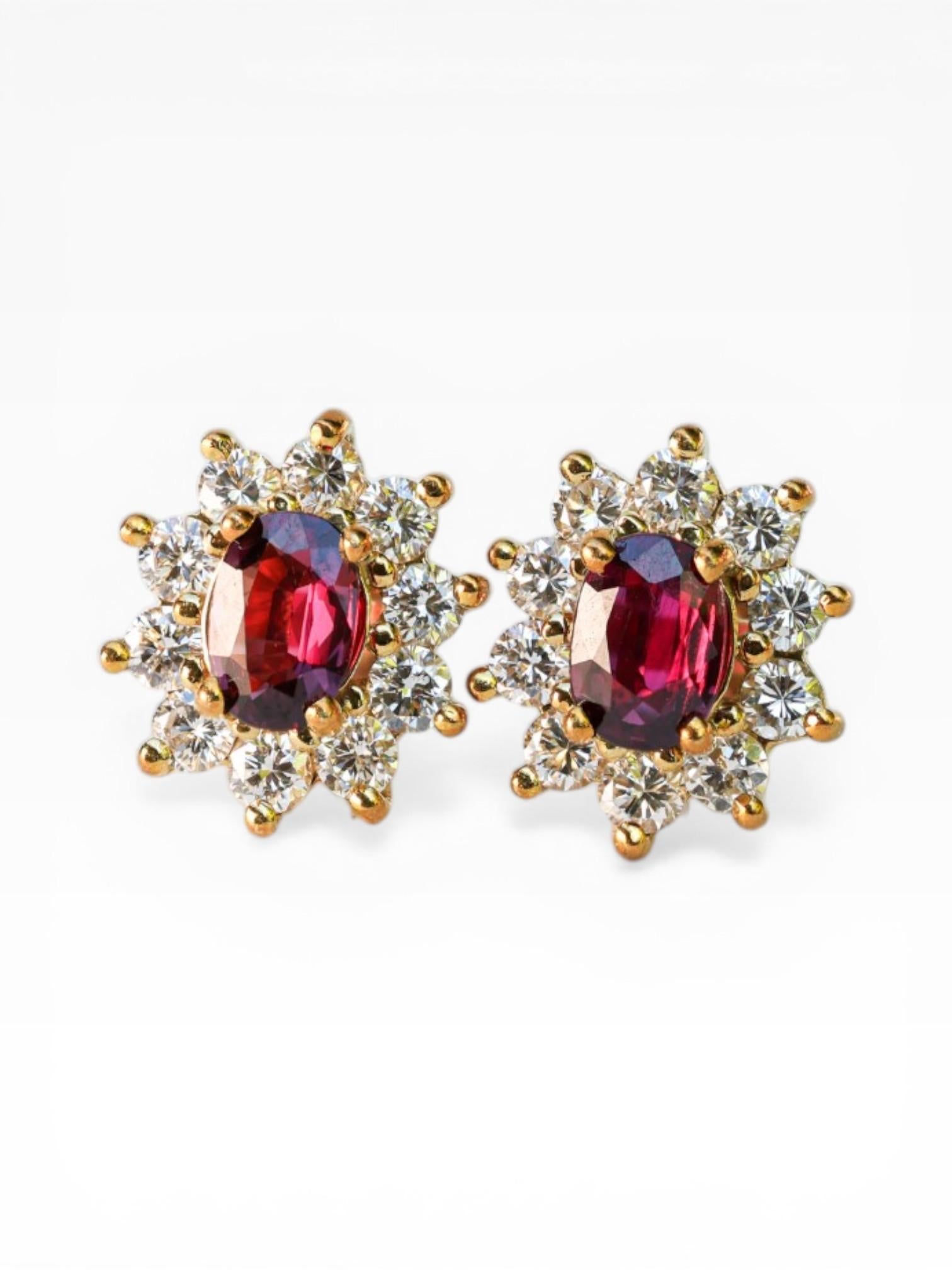 Vintage 18K Ruby & Diamond Cluster Stud Earrings