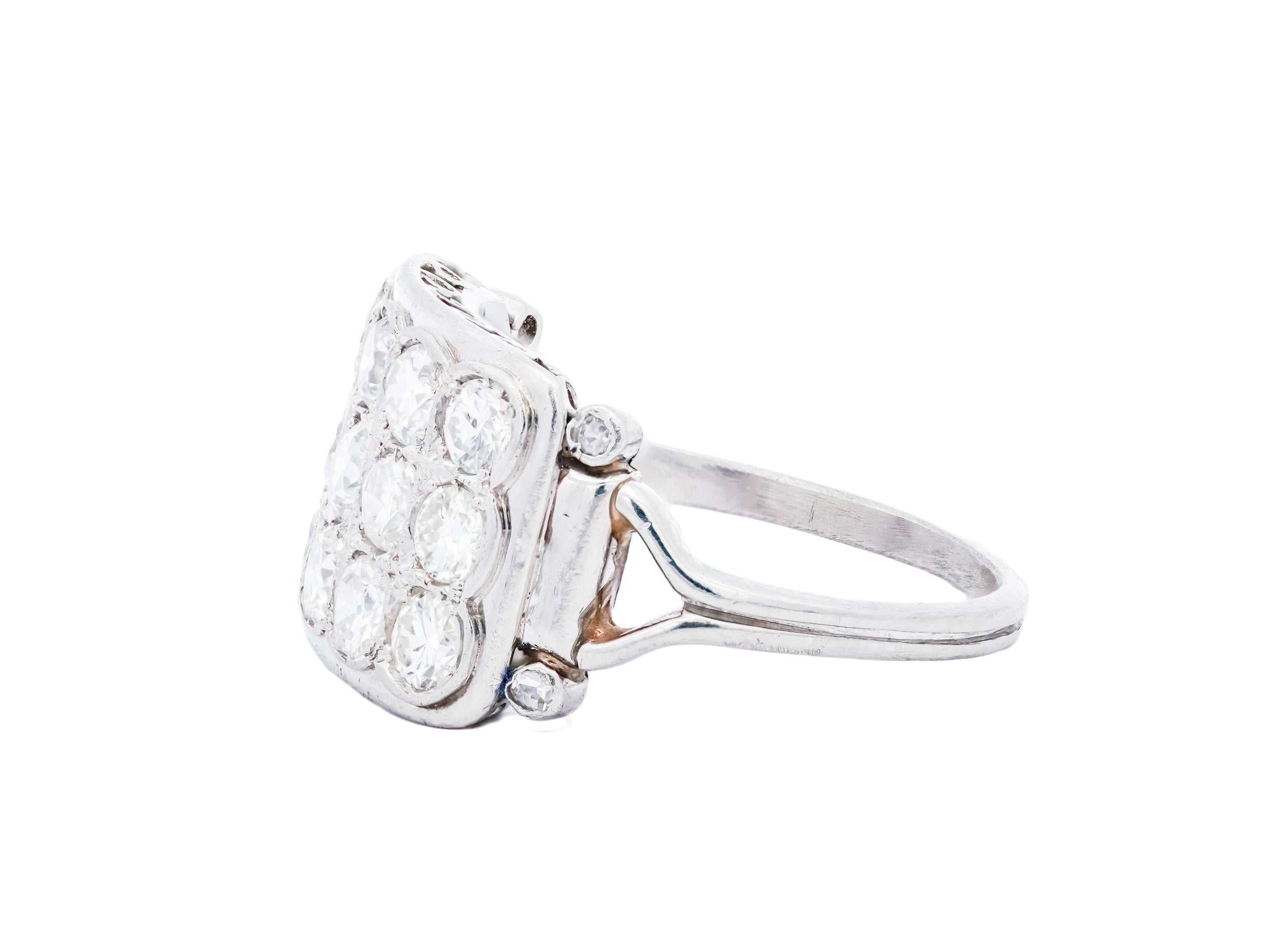 Art Deco Platinum European Cut 3-Row Diamond Ring
