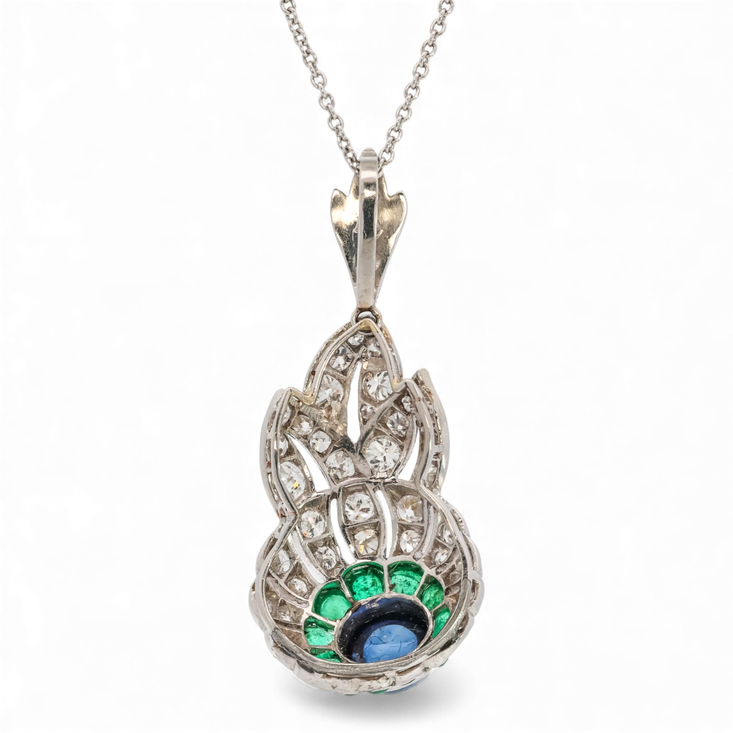 Art Deco Sapphire, Emerald, & Diamond Platinum Pendant