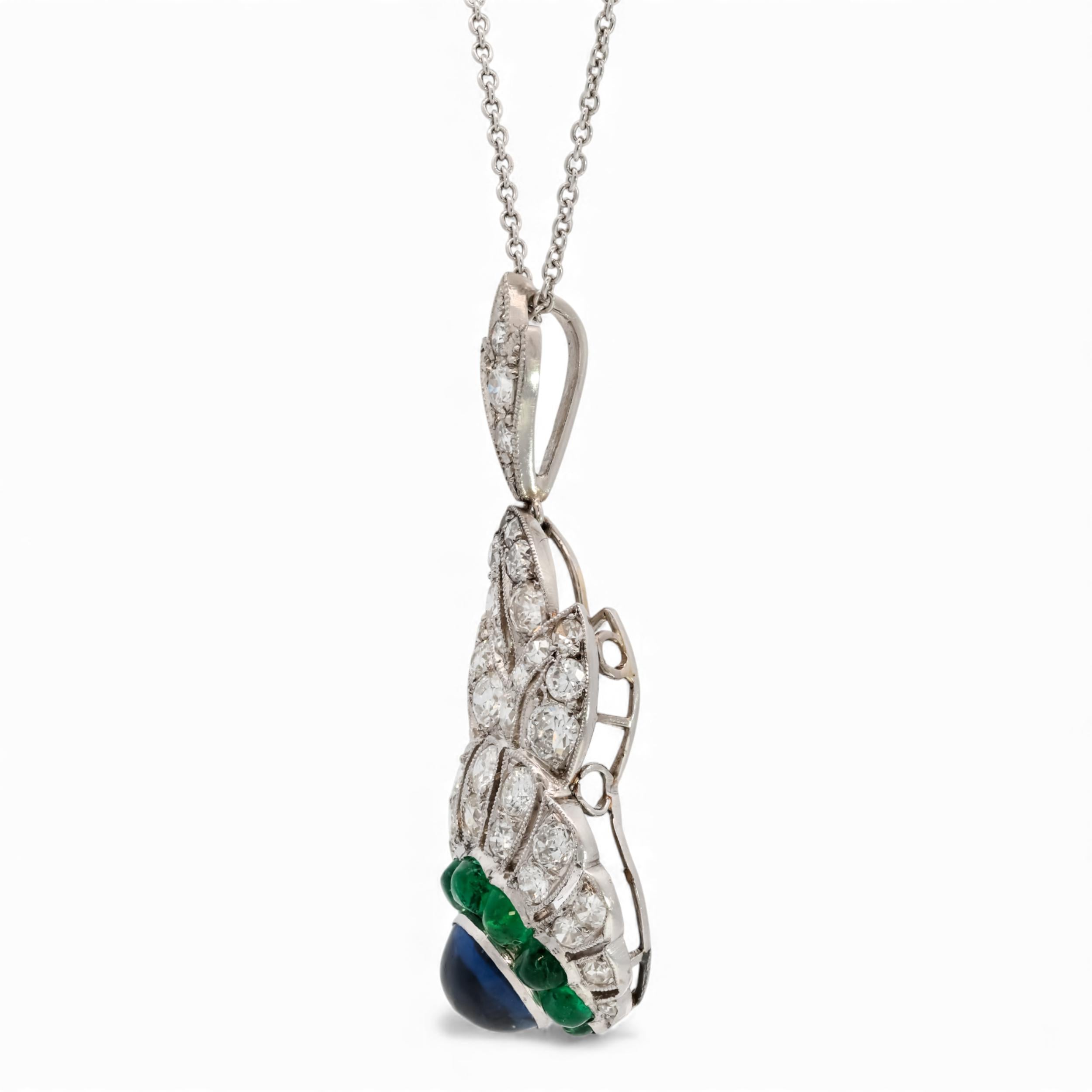 Art Deco Sapphire, Emerald, & Diamond Platinum Pendant