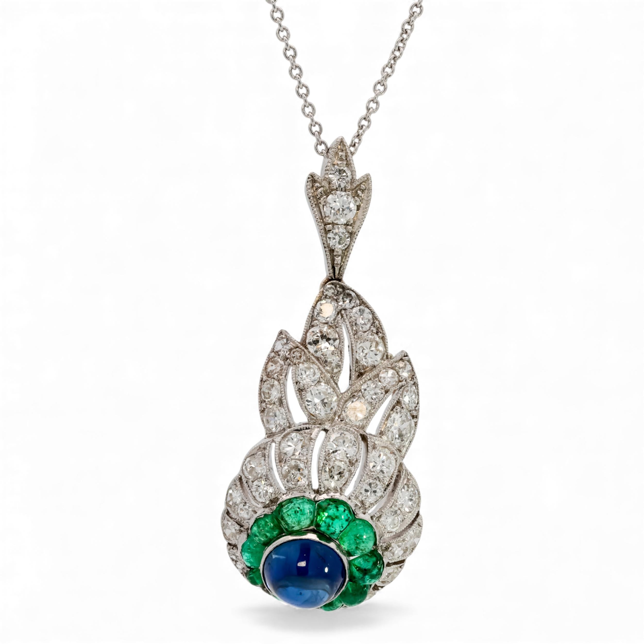 Art Deco Sapphire, Emerald, & Diamond Platinum Pendant