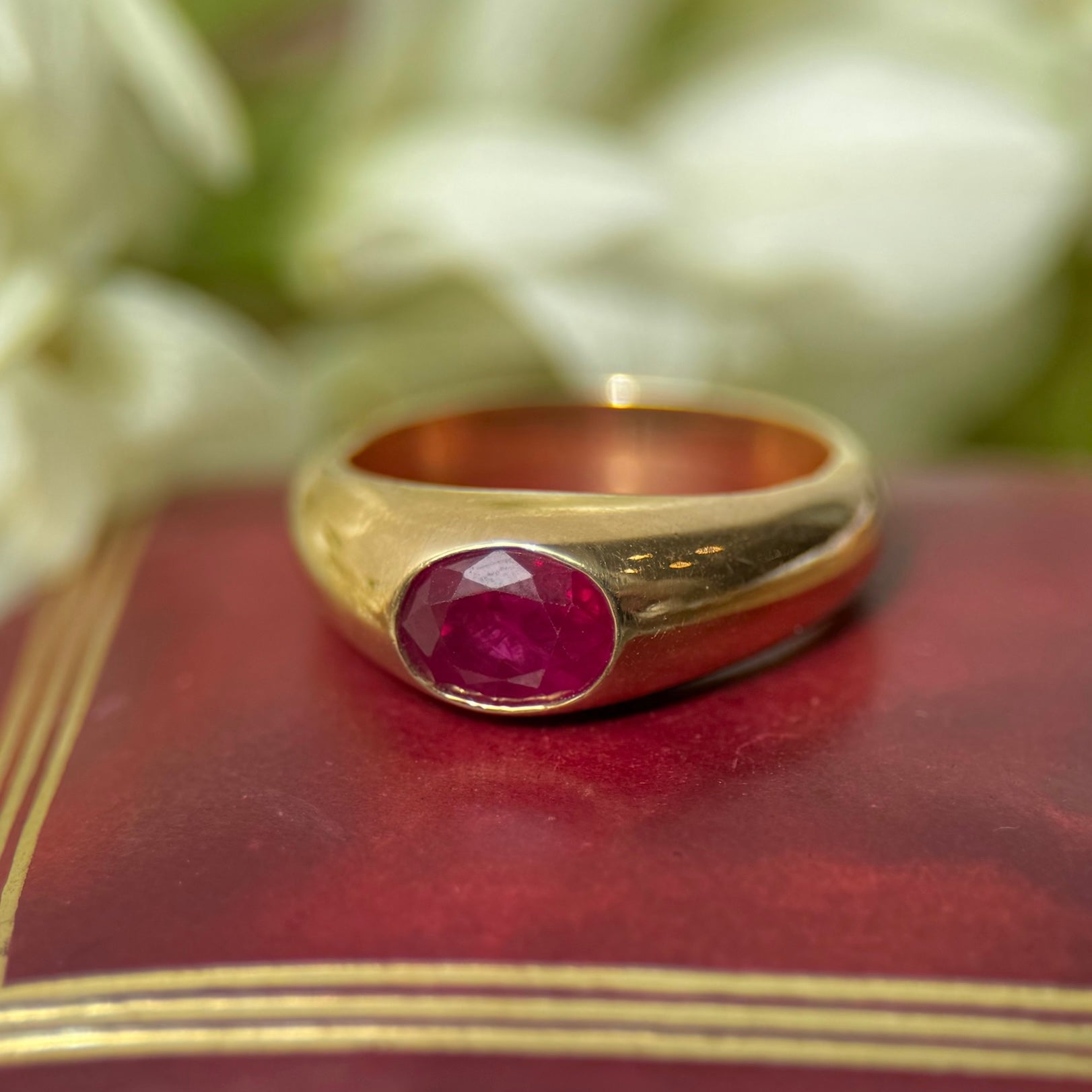 Flush Set Burmese Ruby Yellow Gold Ring