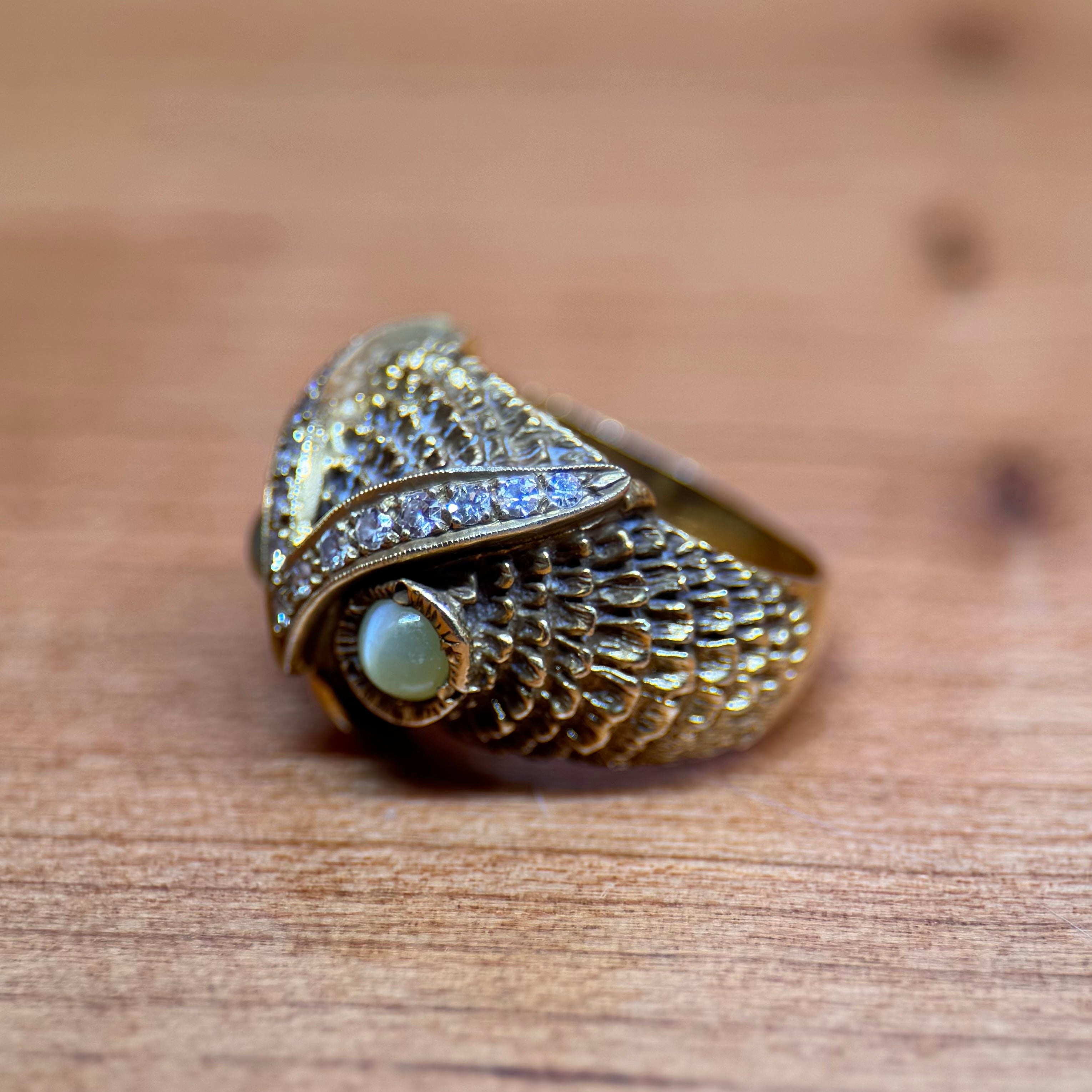 14k Yellow Gold Cats Eye Chrysoberyl & Diamond Owl Ring