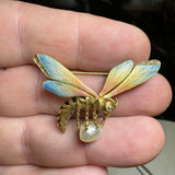 18k Yellow Gold, Enamel Diamond & Natural Pearl Wasp or Hornet Brooch